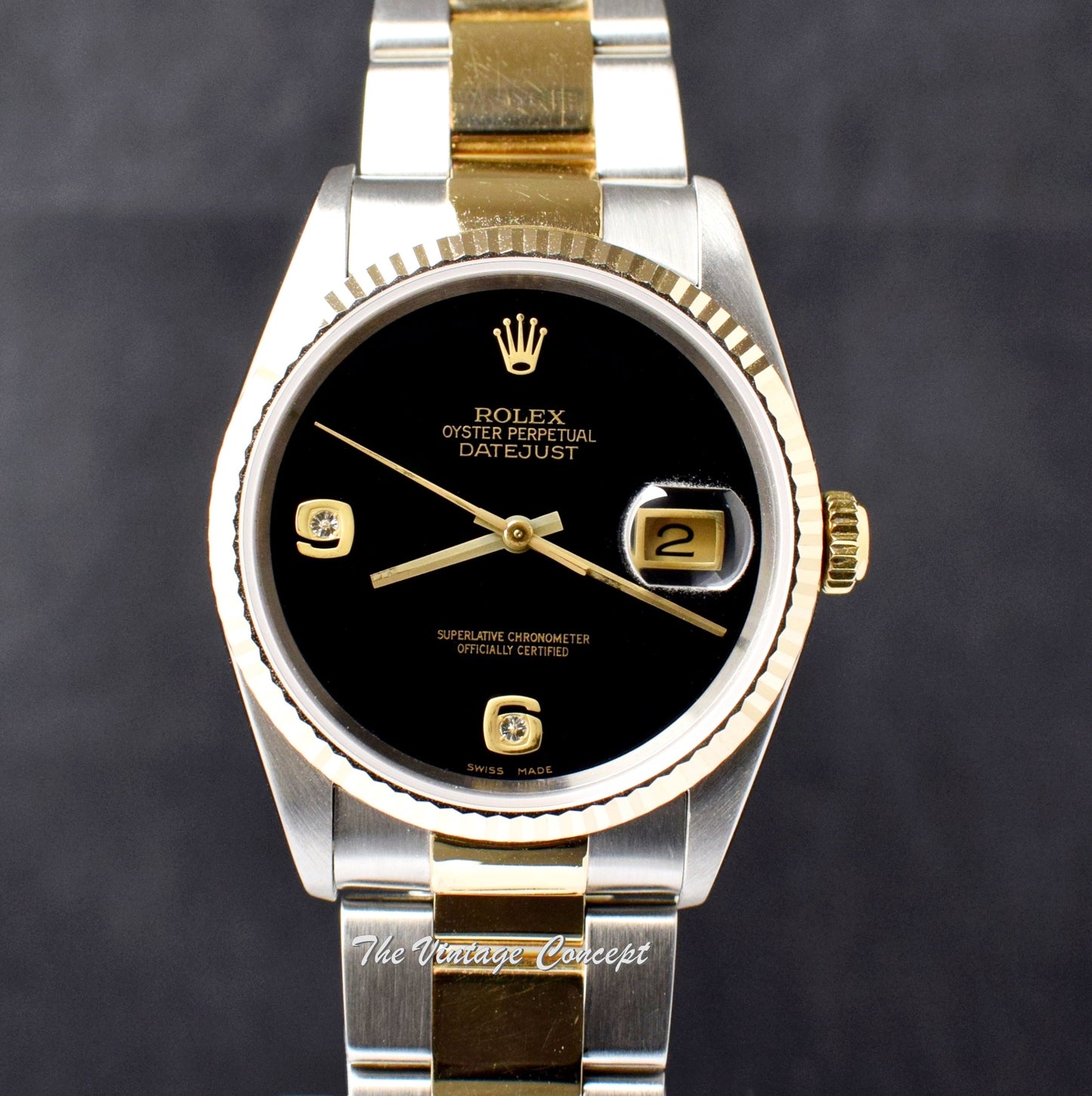 Rolex Datejust Two-Tone Onyx Dial Diamond Indexes 16233 w/ Original Paper