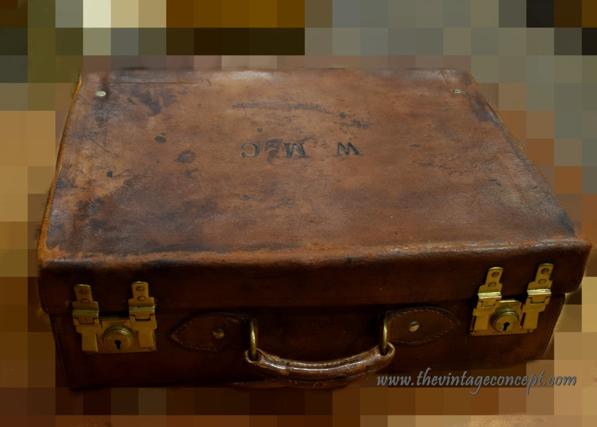 Vintage Leather Trunk Suit Case W M C