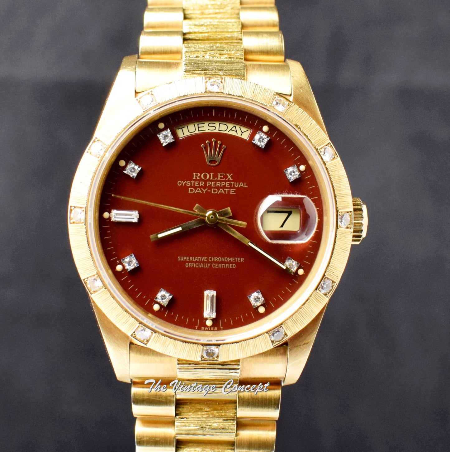 Rolex Day-Date 18K YG Bark Oxblood Dial 18108  (SOLD)