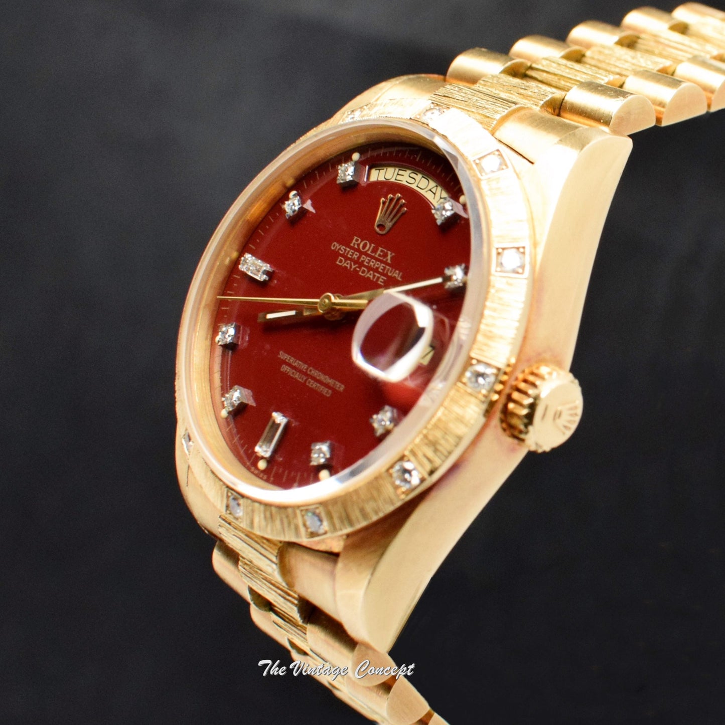 Rolex Day-Date 18K YG Bark Oxblood Dial 18108  (SOLD)