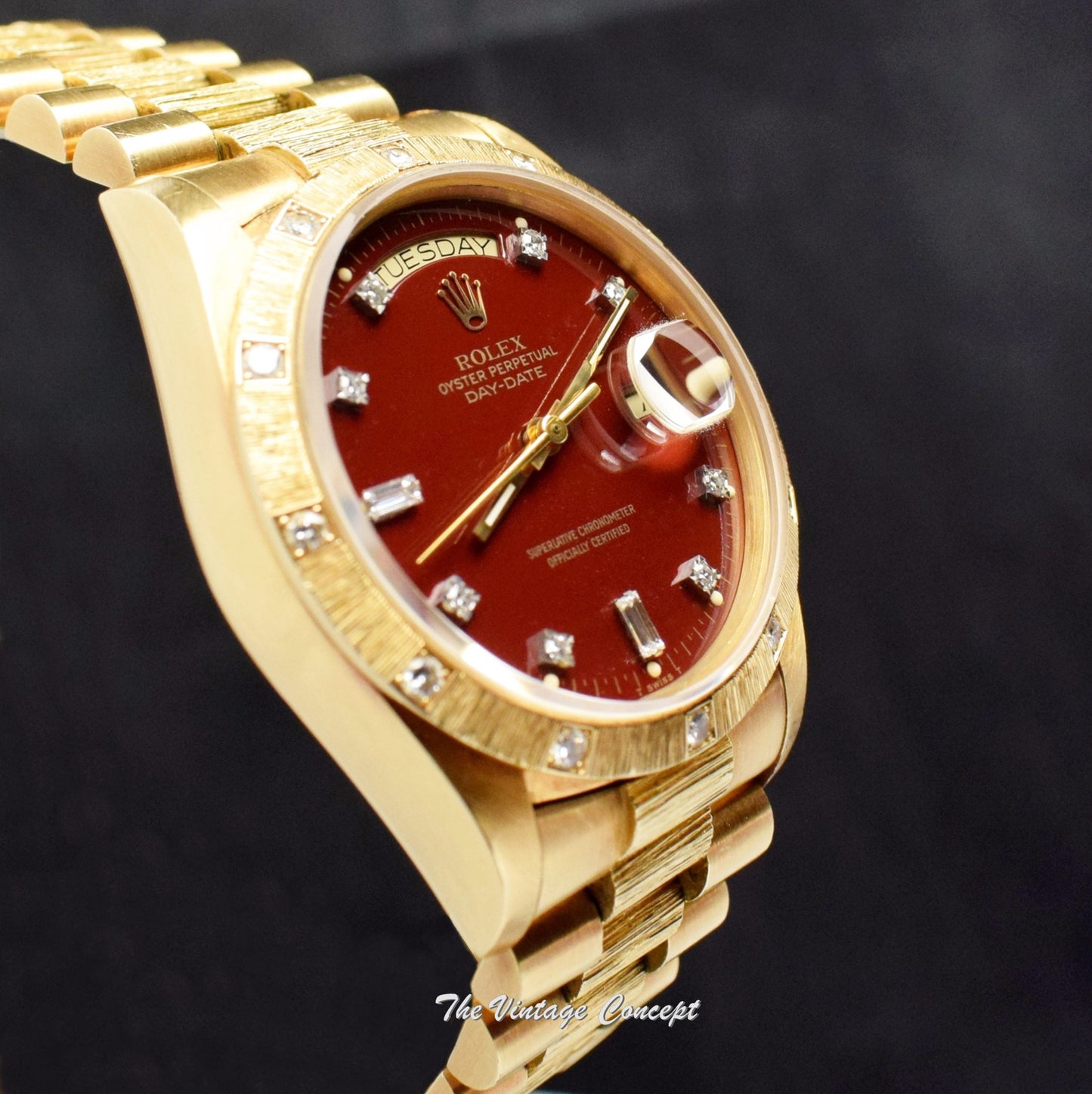 Rolex Day-Date 18K YG Bark Oxblood Dial 18108  (SOLD)