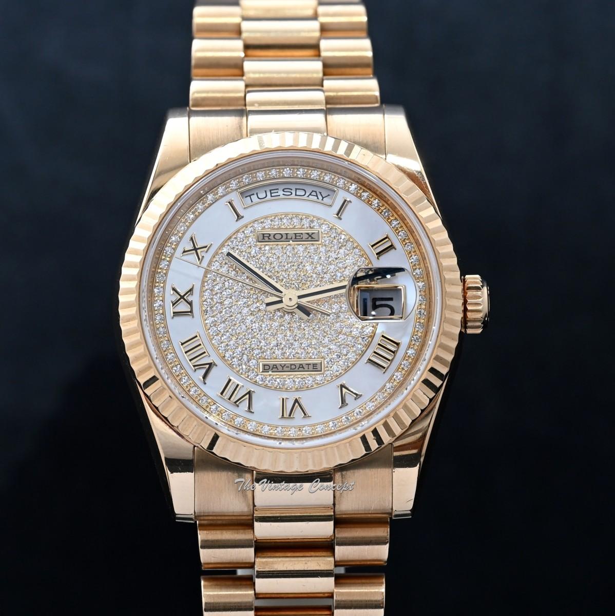 Rolex Day-Date 18K Yellow Gold Diamond Paved MOP Dial Roman Indexes 118238