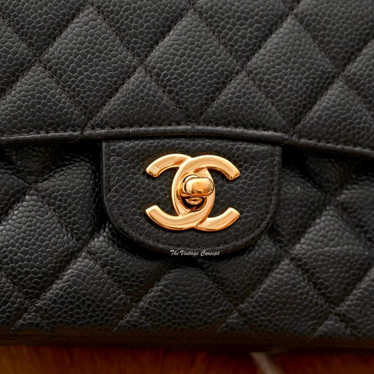 Chanel 23 Grained Calfskin Black Gold de class Double Flap & Chain w/Card