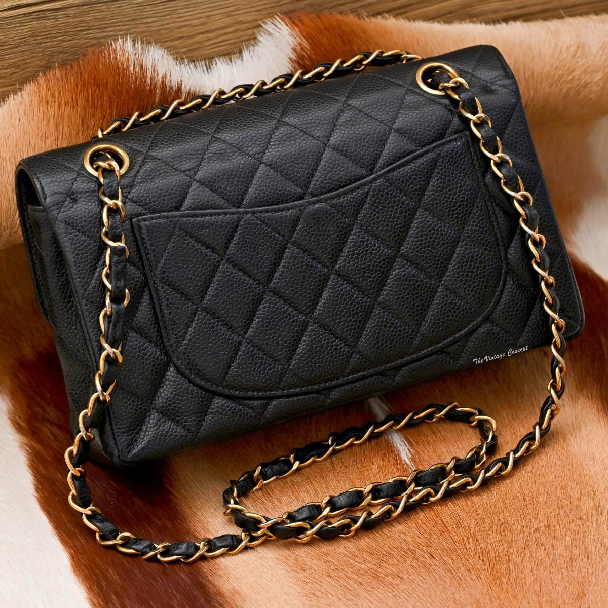 Chanel 23 Grained Calfskin Black Gold de class Double Flap & Chain w/Card