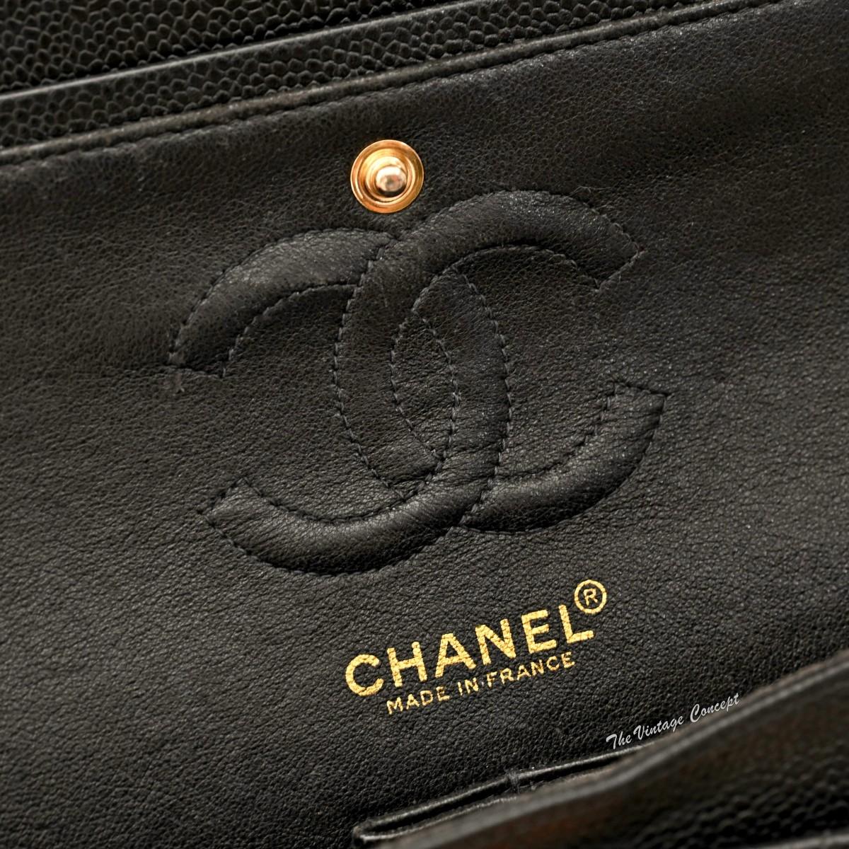 Chanel 23 Grained Calfskin Black Gold de class Double Flap & Chain w/Card