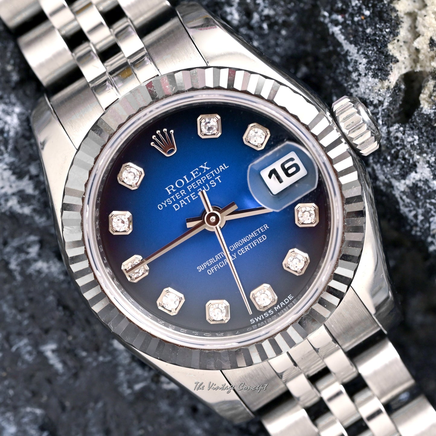 Rolex Steel Lady Datejust Ombre Blue Dial with Diamond Indexes Ref. 179174