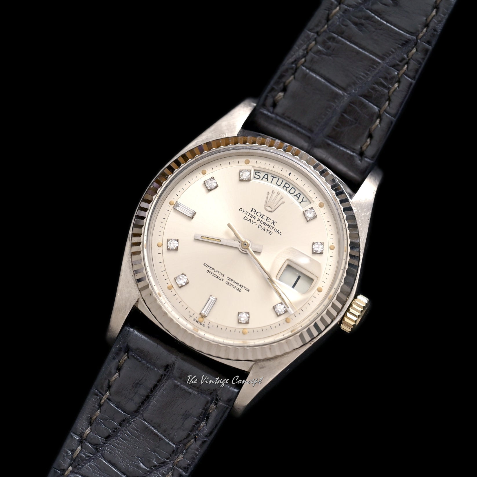 Rolex 18k White Gold Day Date Silver Dial With Diamond Indexes Ref 18 