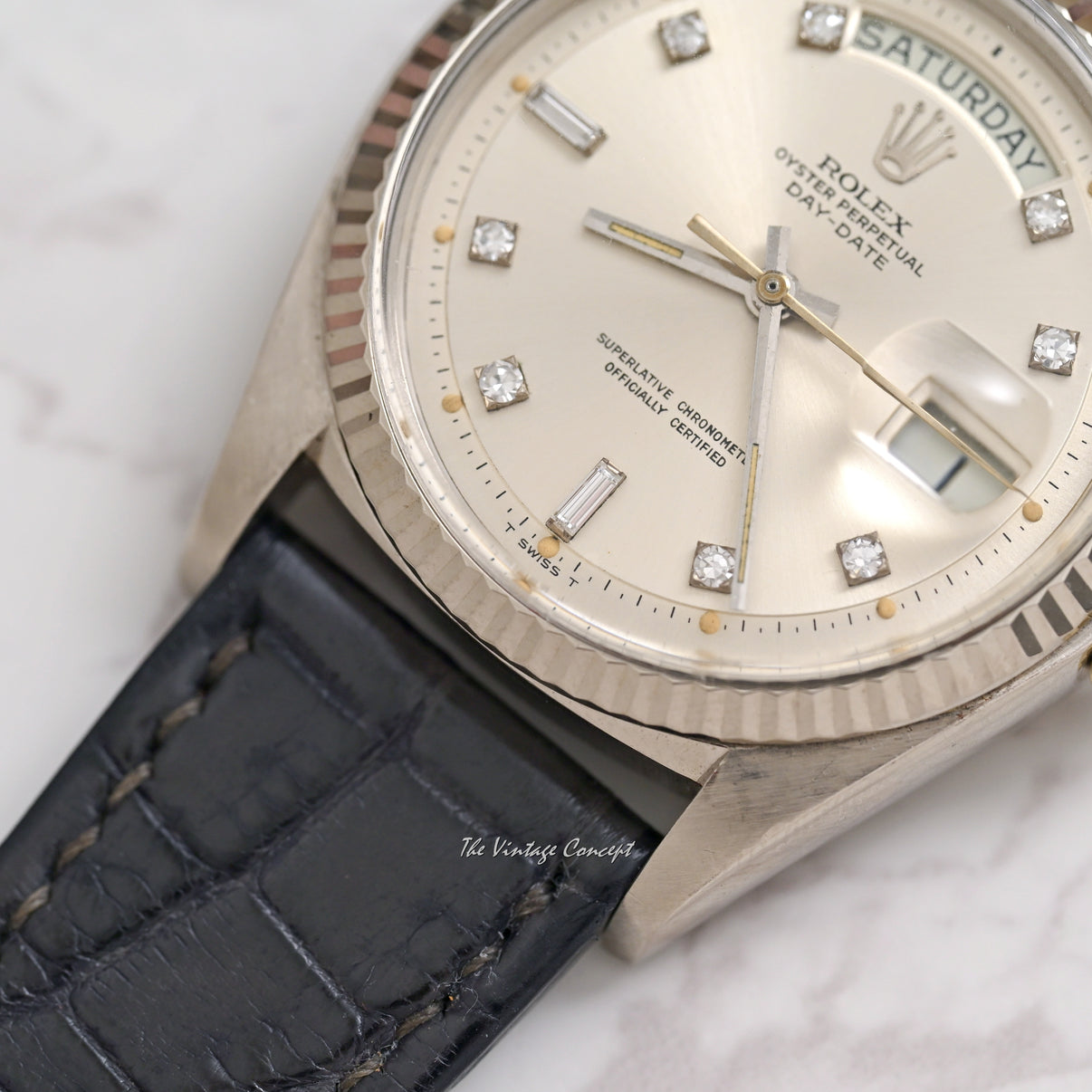 Rolex 18k White Gold Day Date Silver Dial With Diamond Indexes Ref 18 
