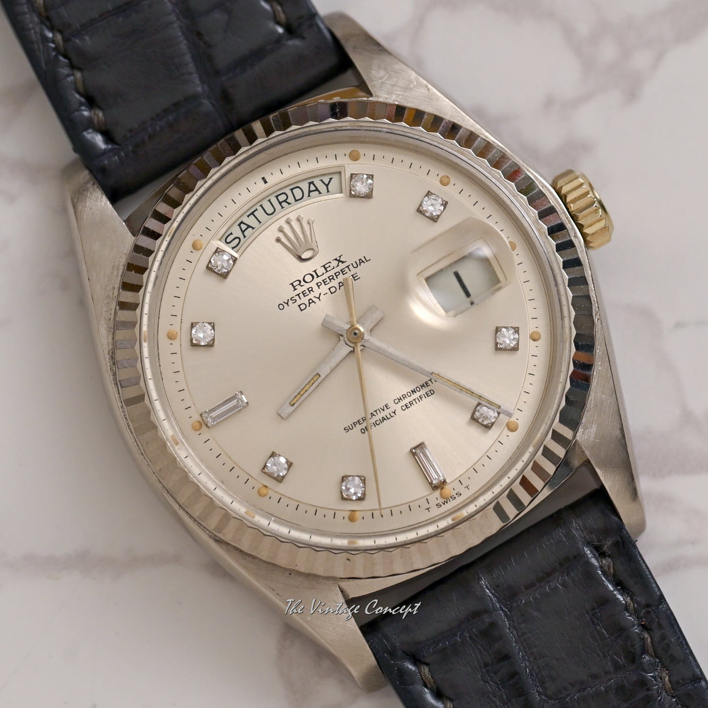 Rolex 18K White Gold Day-Date Silver Dial with Diamond Indexes Ref. 1803