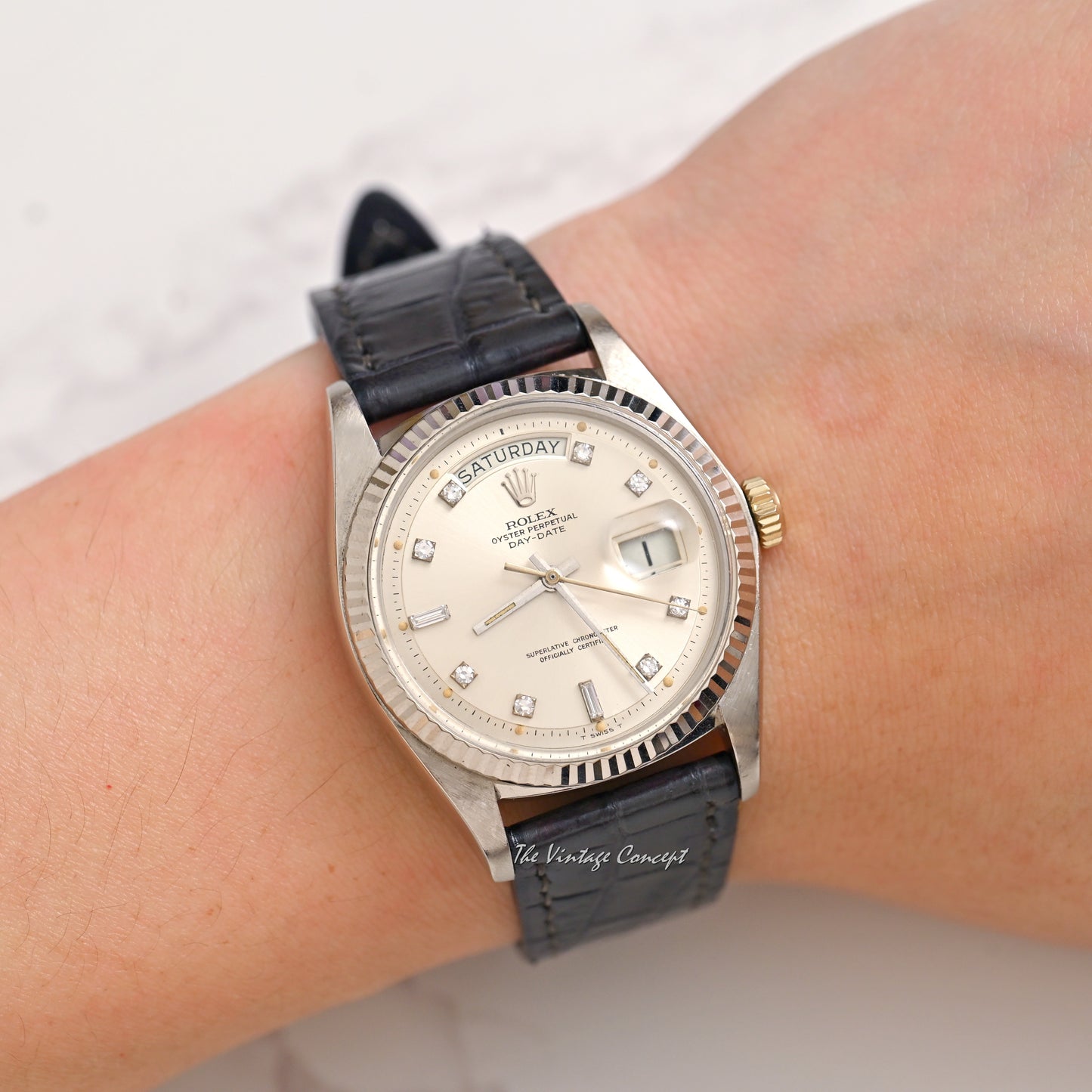 Rolex 18K White Gold Day-Date Silver Dial with Diamond Indexes Ref. 1803