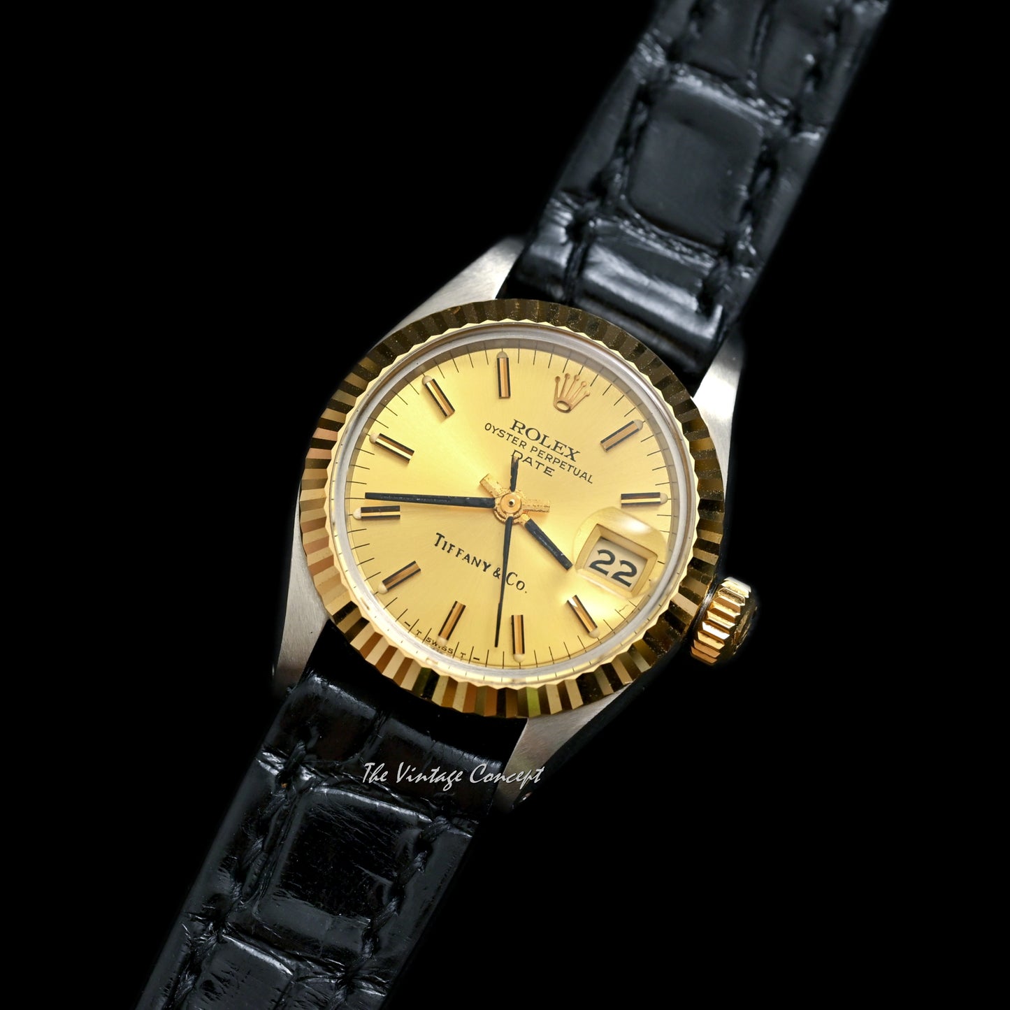 Rolex Two-Tones Lady Datejust Gold Dial Tiffany&Co. w/ Leather Strap Ref. 6917