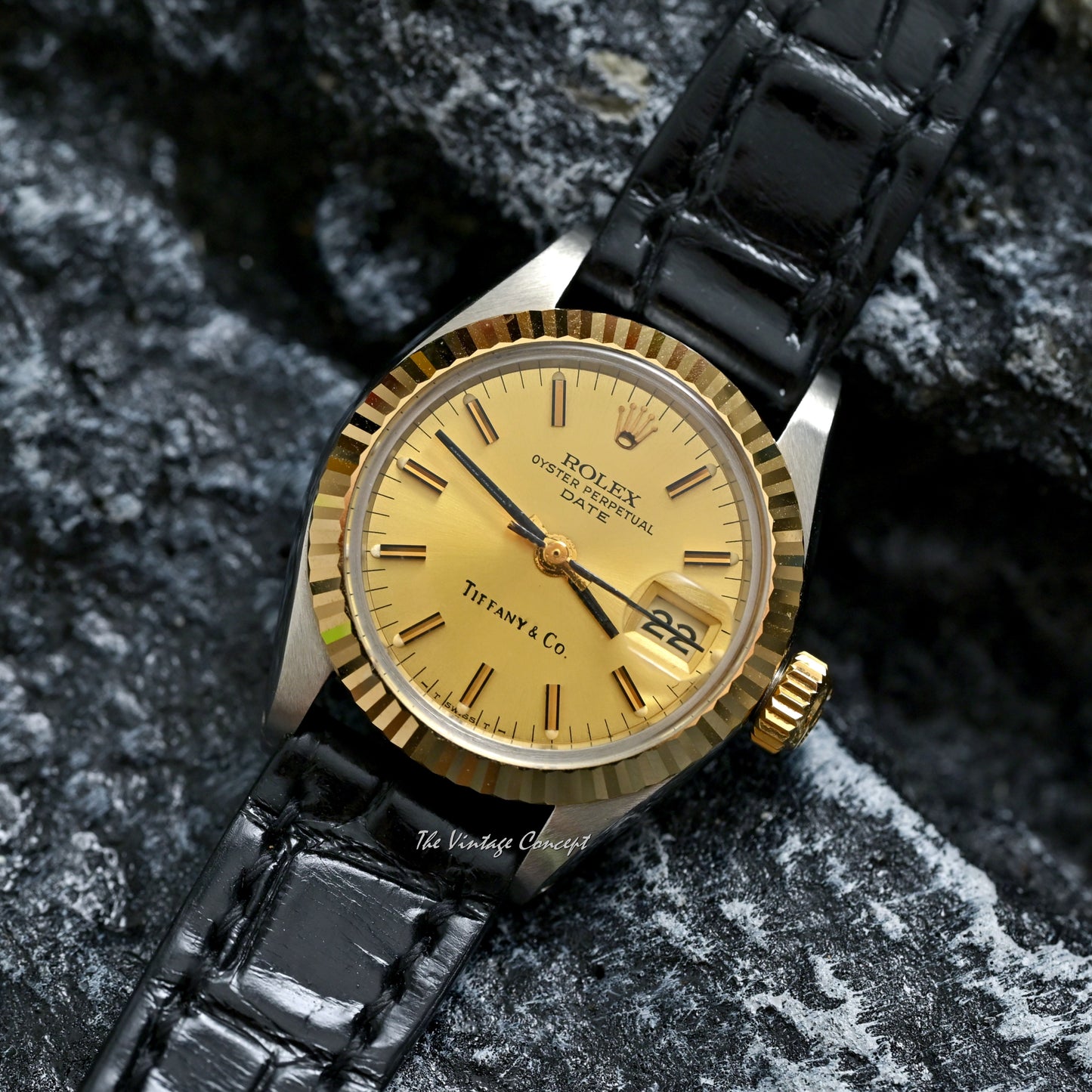 Rolex Two-Tones Lady Datejust Gold Dial Tiffany&Co. w/ Leather Strap Ref. 6917