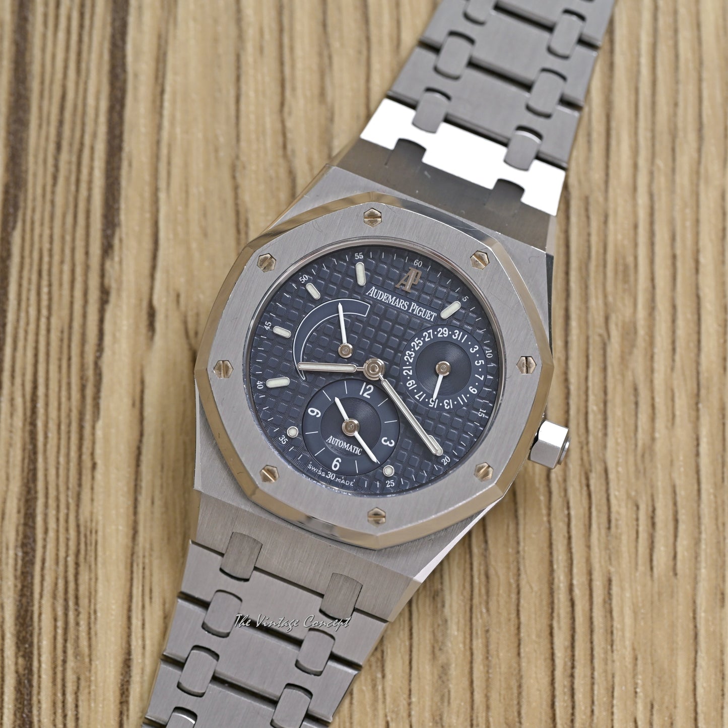 Audemars Piguet Steel Royal Oak Blue Dial with Dual time, Power Reserve & Date w/ box Ref. 25730ST