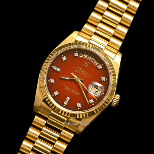 Rolex 18K Yellow Gold Day-Date Stella Gradient Oxblood Dial with Diamond Indexes w/ President Bracelet Ref. 18038