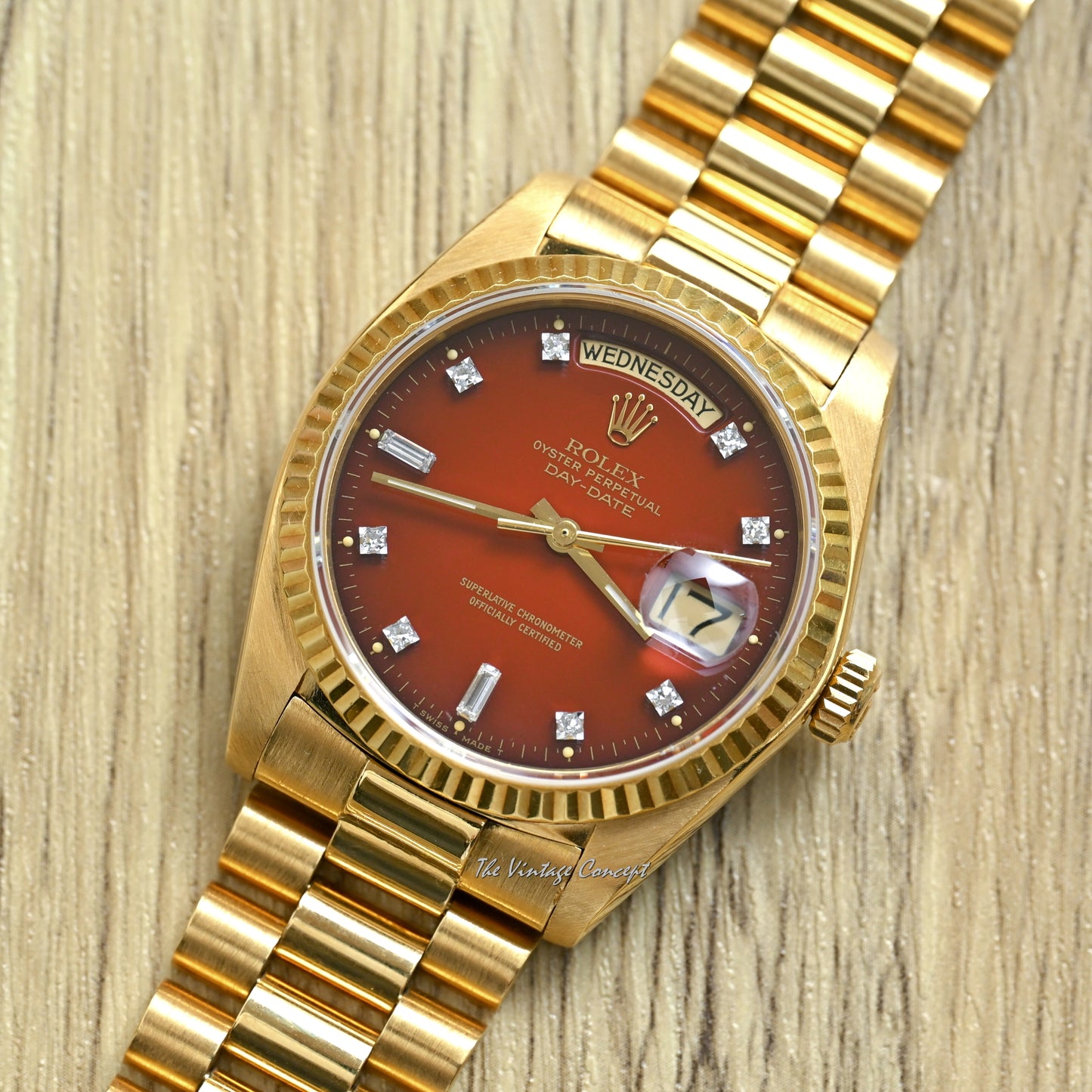 Rolex 18K Yellow Gold Day-Date Stella Gradient Oxblood Dial with Diamond Indexes w/ President Bracelet Ref. 18038