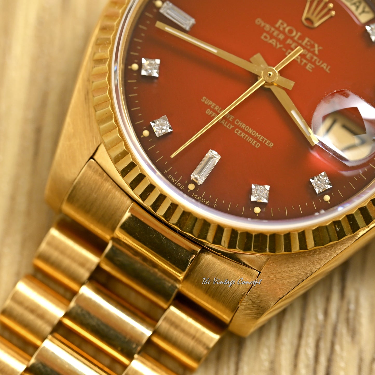 Rolex 18K Yellow Gold Day-Date Stella Gradient Oxblood Dial with Diamond Indexes w/ President Bracelet Ref. 18038