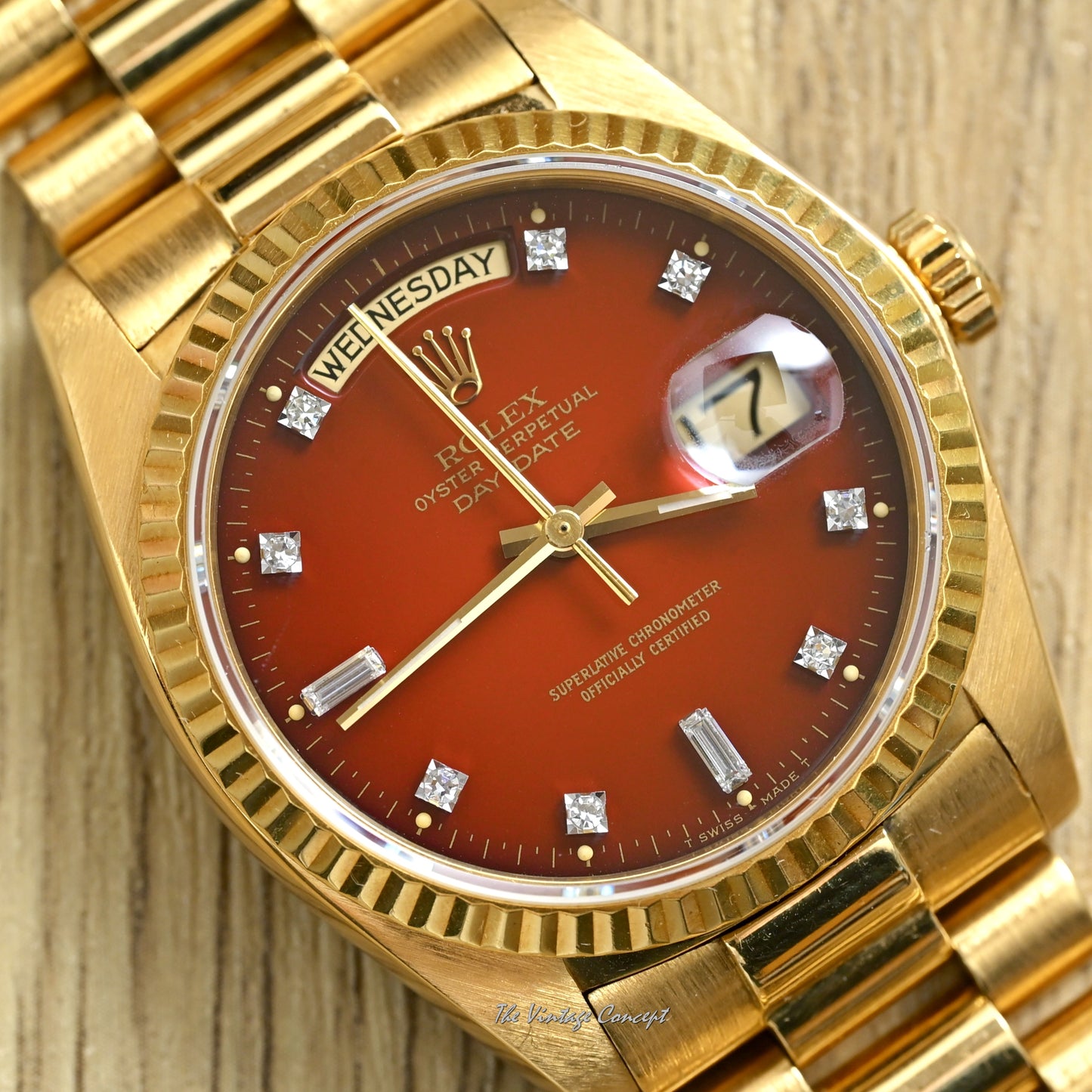 Rolex 18K Yellow Gold Day-Date Stella Gradient Oxblood Dial with Diamond Indexes w/ President Bracelet Ref. 18038