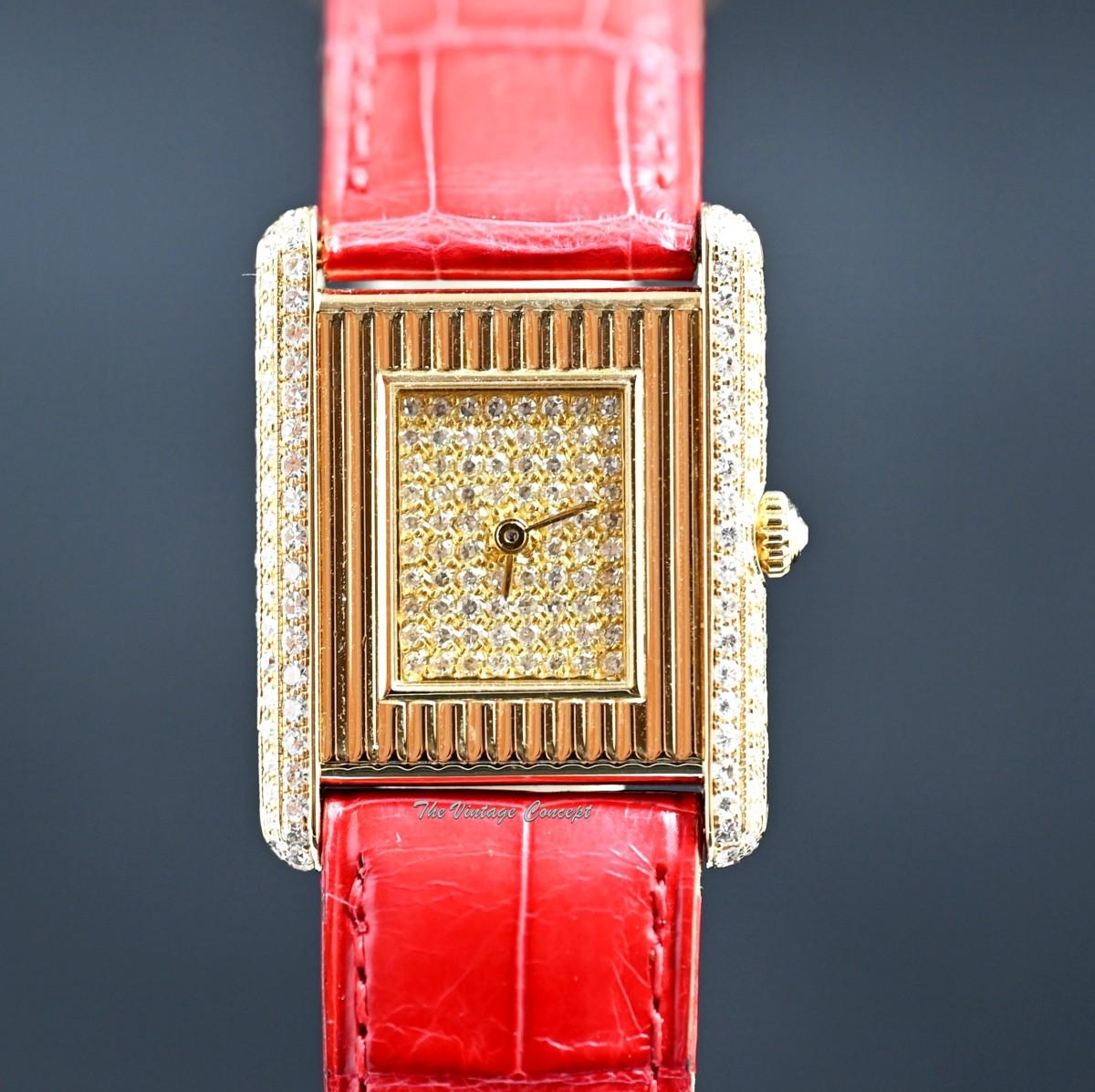 Vintage Cartier 18K Yellow Gold Tank Louis Pave Diamond Dial Quartz w/ Service Paper