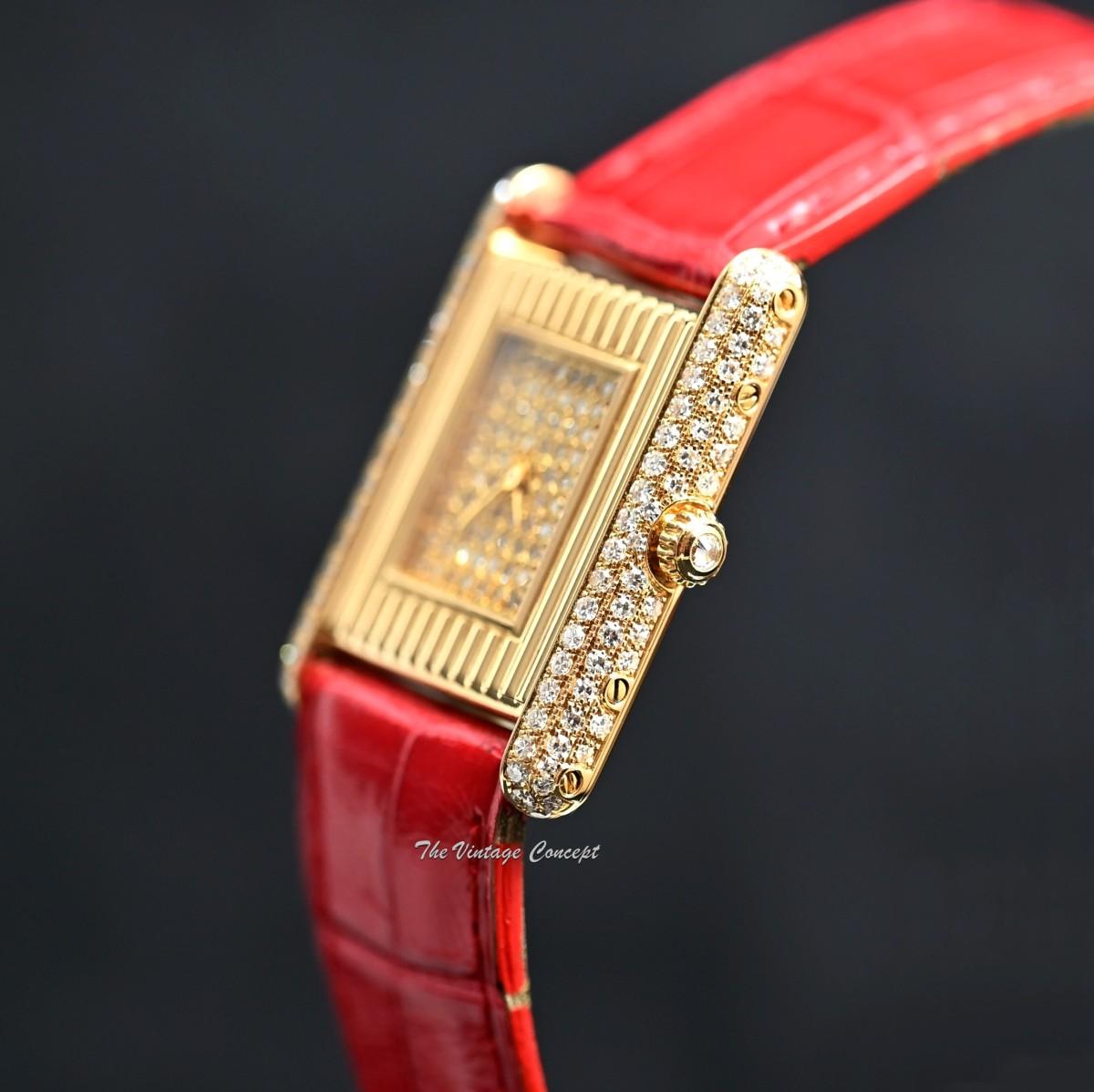 Vintage Cartier 18K Yellow Gold Tank Louis Pave Diamond Dial Quartz w/ Service Paper