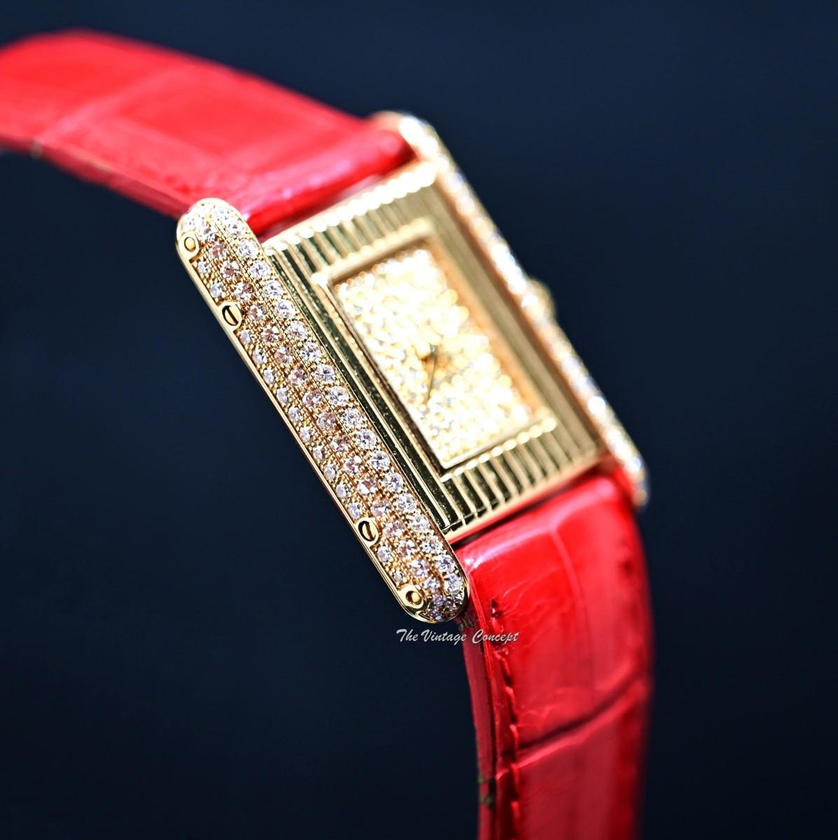 Vintage Cartier 18K Yellow Gold Tank Louis Pave Diamond Dial Quartz w/ Service Paper