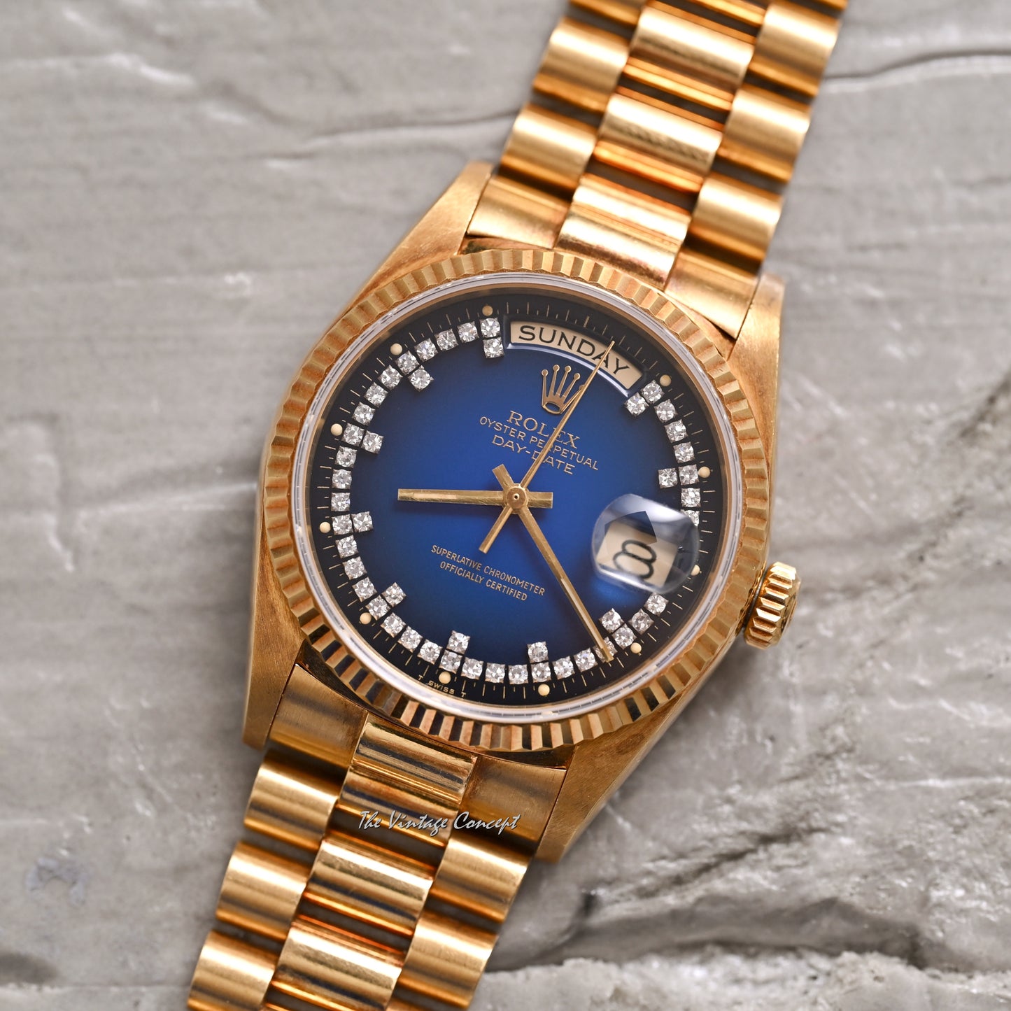 Rolex 18K Yellow Gold Day-Date Ombre Blue Dial with Diamond Indexes Ref. 18038