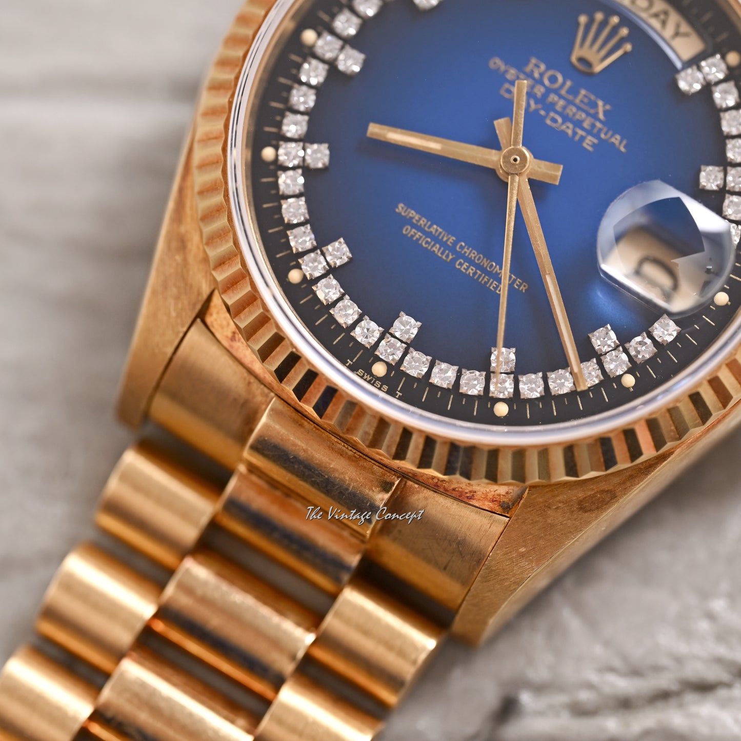 Rolex 18K Yellow Gold Day-Date Ombre Blue Dial with Diamond Indexes Ref. 18038