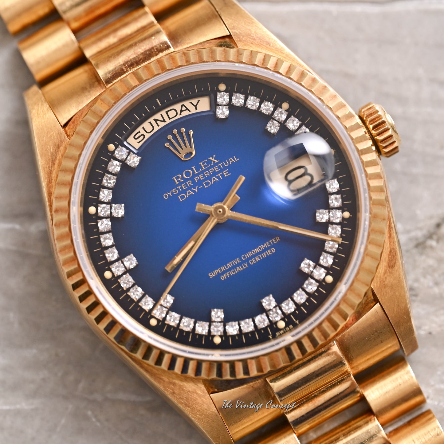 Rolex 18K Yellow Gold Day-Date Ombre Blue Dial with Diamond Indexes Ref. 18038