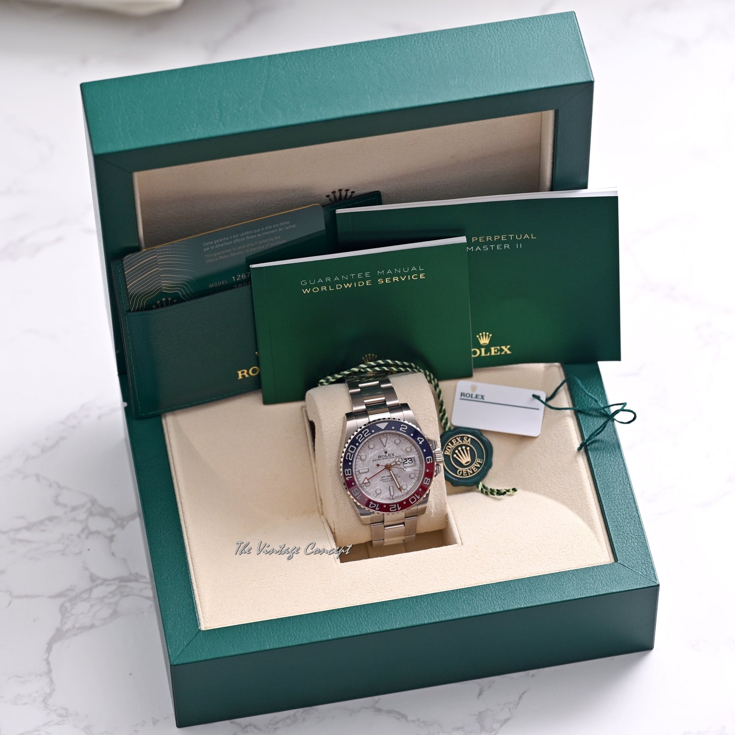 Rolex 18K White Gold GMT-Master II “Pepsi” Meteorite Dial from 2021 w/ full set Ref. 126719BLNO