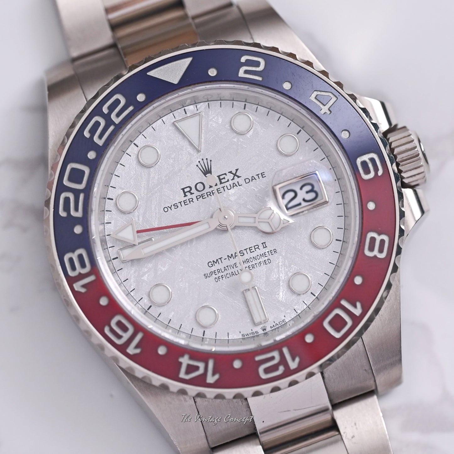 Rolex 18K White Gold GMT-Master II “Pepsi” Meteorite Dial from 2021 w/ full set Ref. 126719BLNO