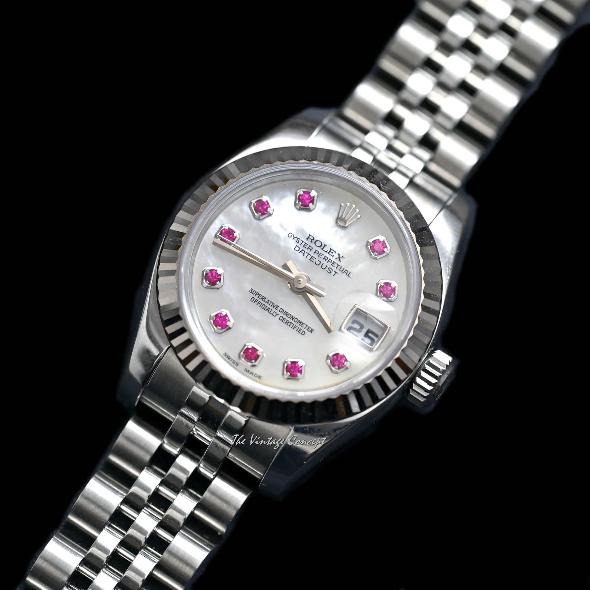 Rolex Steel Lady Datejust MOP Dial with Ruby Indexes 179174 (SOLD