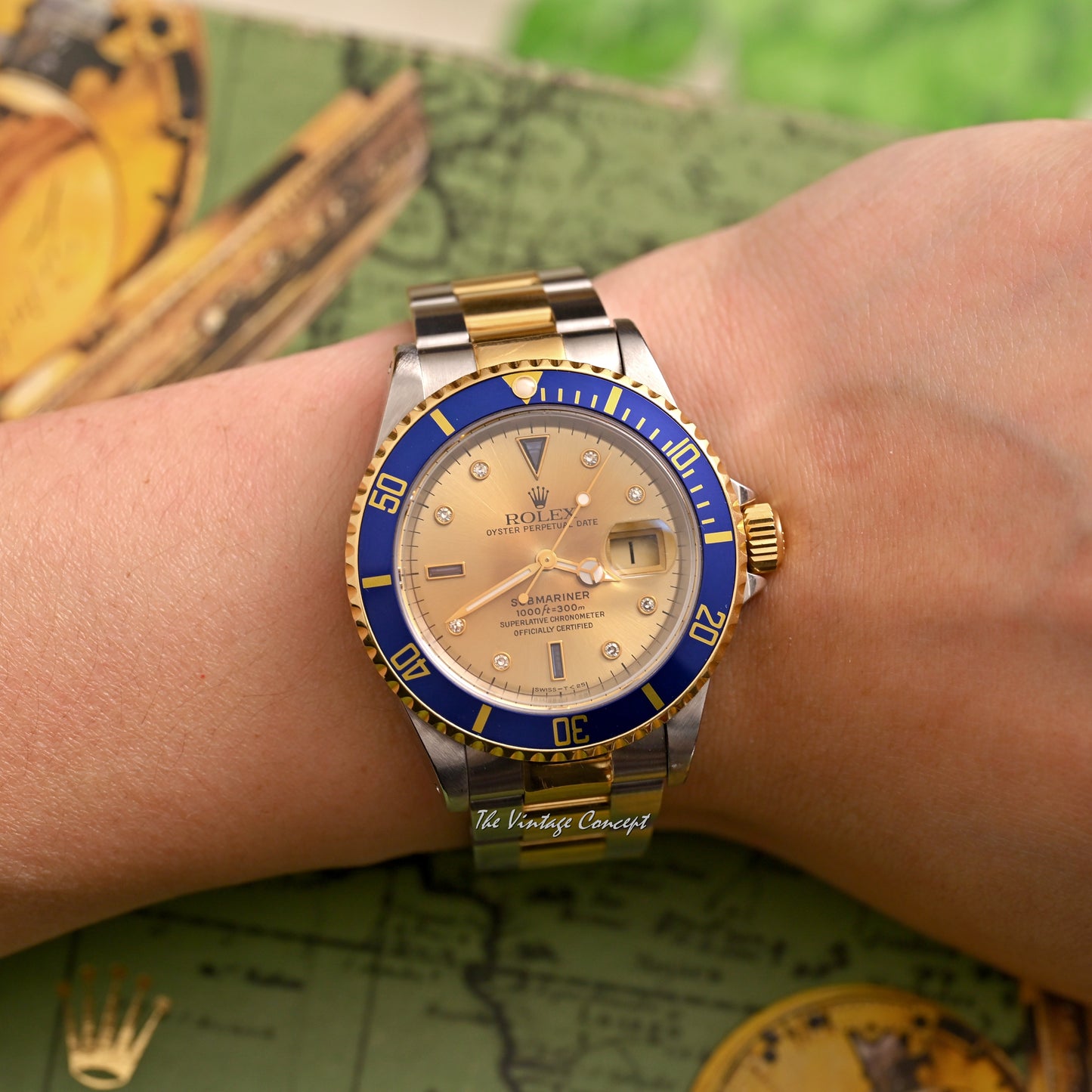 Rolex Two-Tone Submariner Gold Dial with Sapphire & Diamond Indexes Ref. 16613