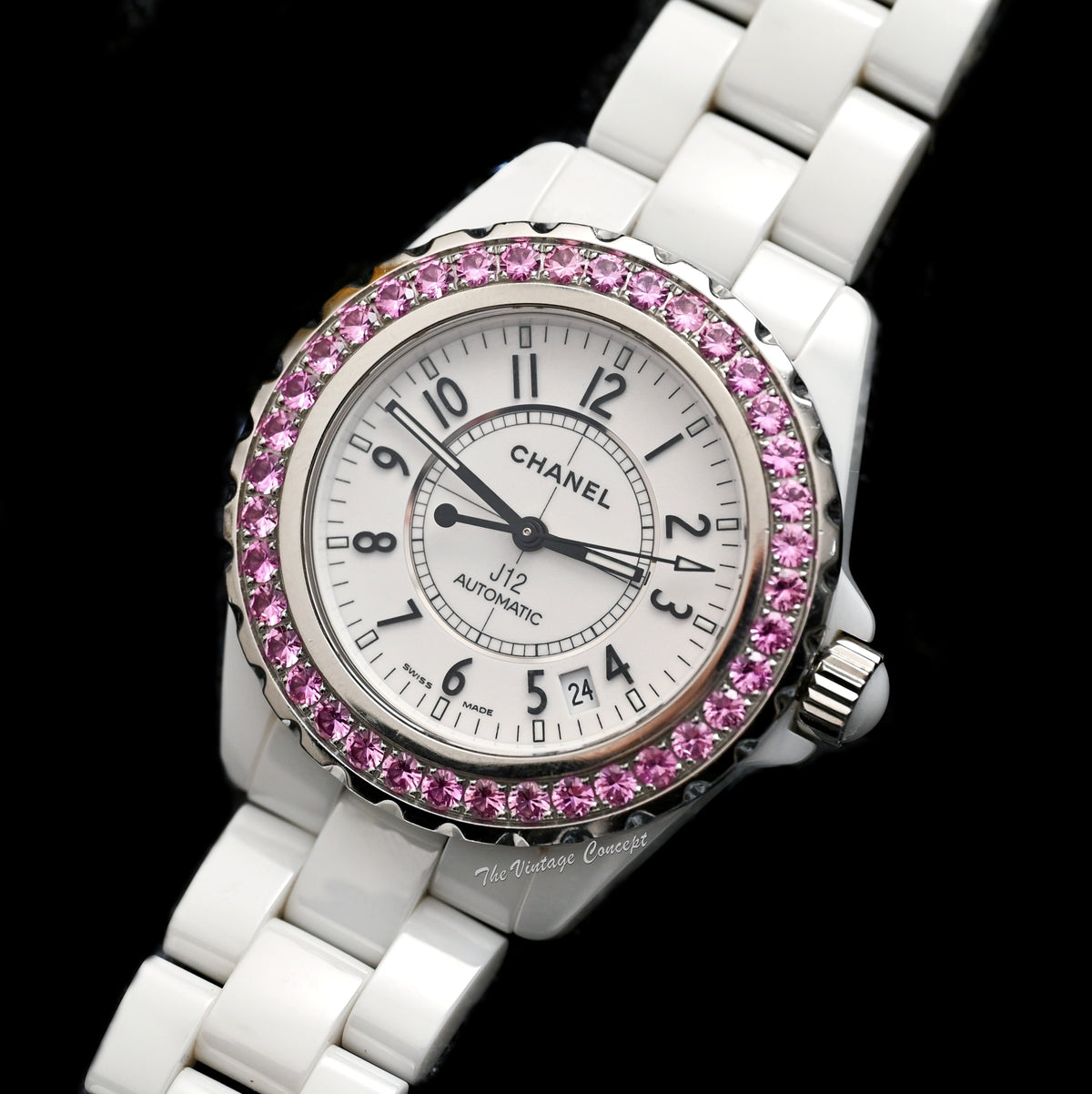 Chanel J12 White Ceramic H1181 w/ Pink Crystal Bezel  display picture 3