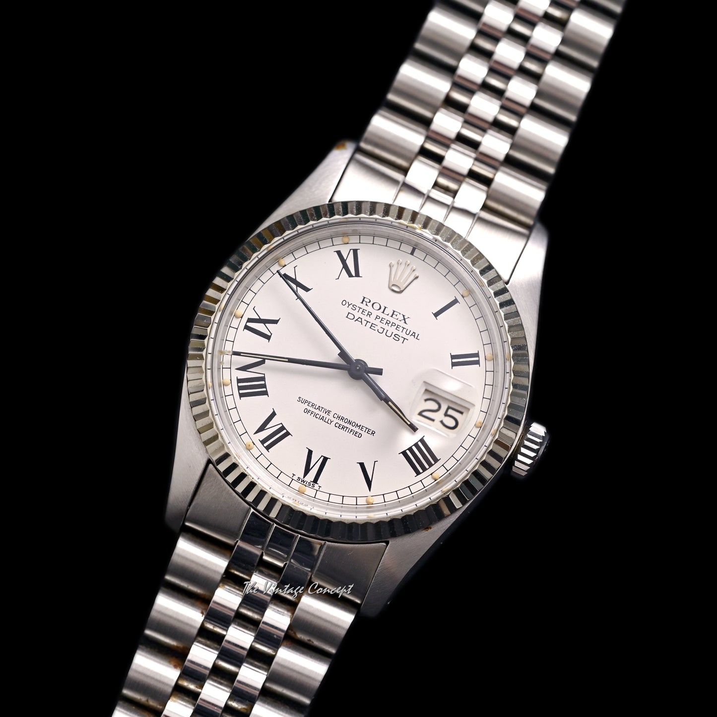 Rolex Steel Datejust White Dial with Black Roman Indexes (Buckley) w/ Box set & Paper Ref. 16014
