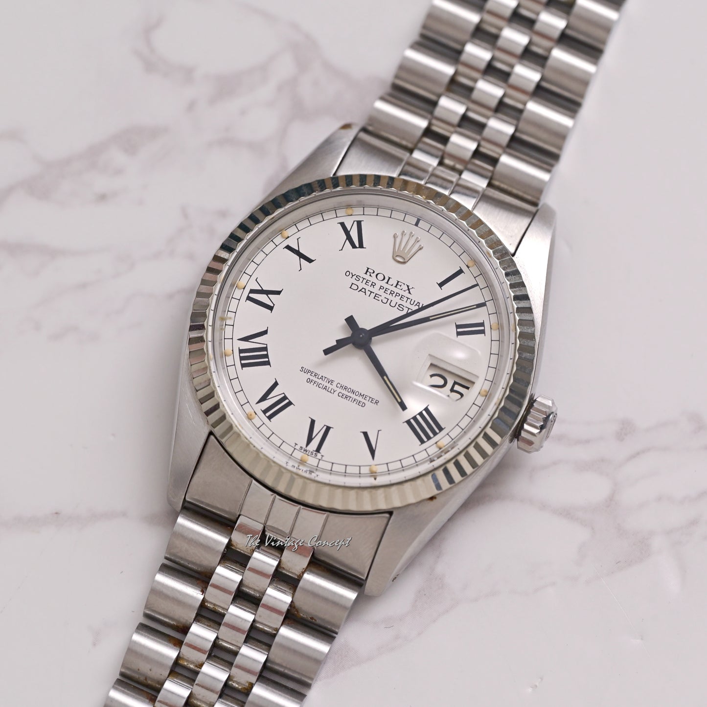 Rolex Steel Datejust White Dial with Black Roman Indexes (Buckley) w/ Box set & Paper Ref. 16014