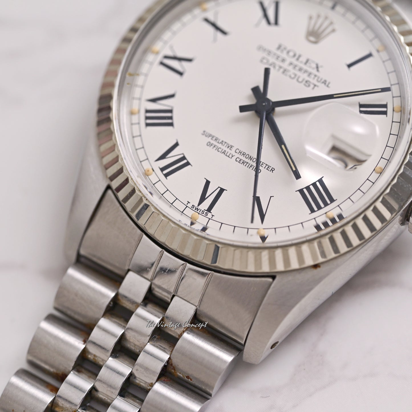 Rolex Steel Datejust White Dial with Black Roman Indexes (Buckley) w/ Box set & Paper Ref. 16014