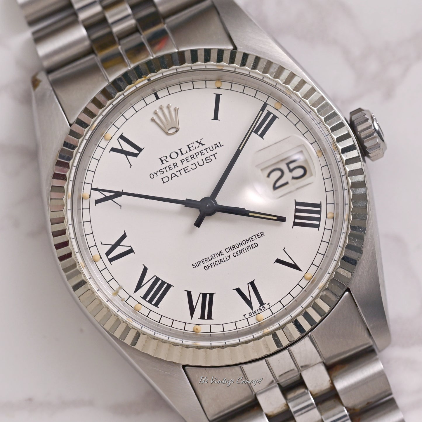Rolex Steel Datejust White Dial with Black Roman Indexes (Buckley) w/ Box set & Paper Ref. 16014
