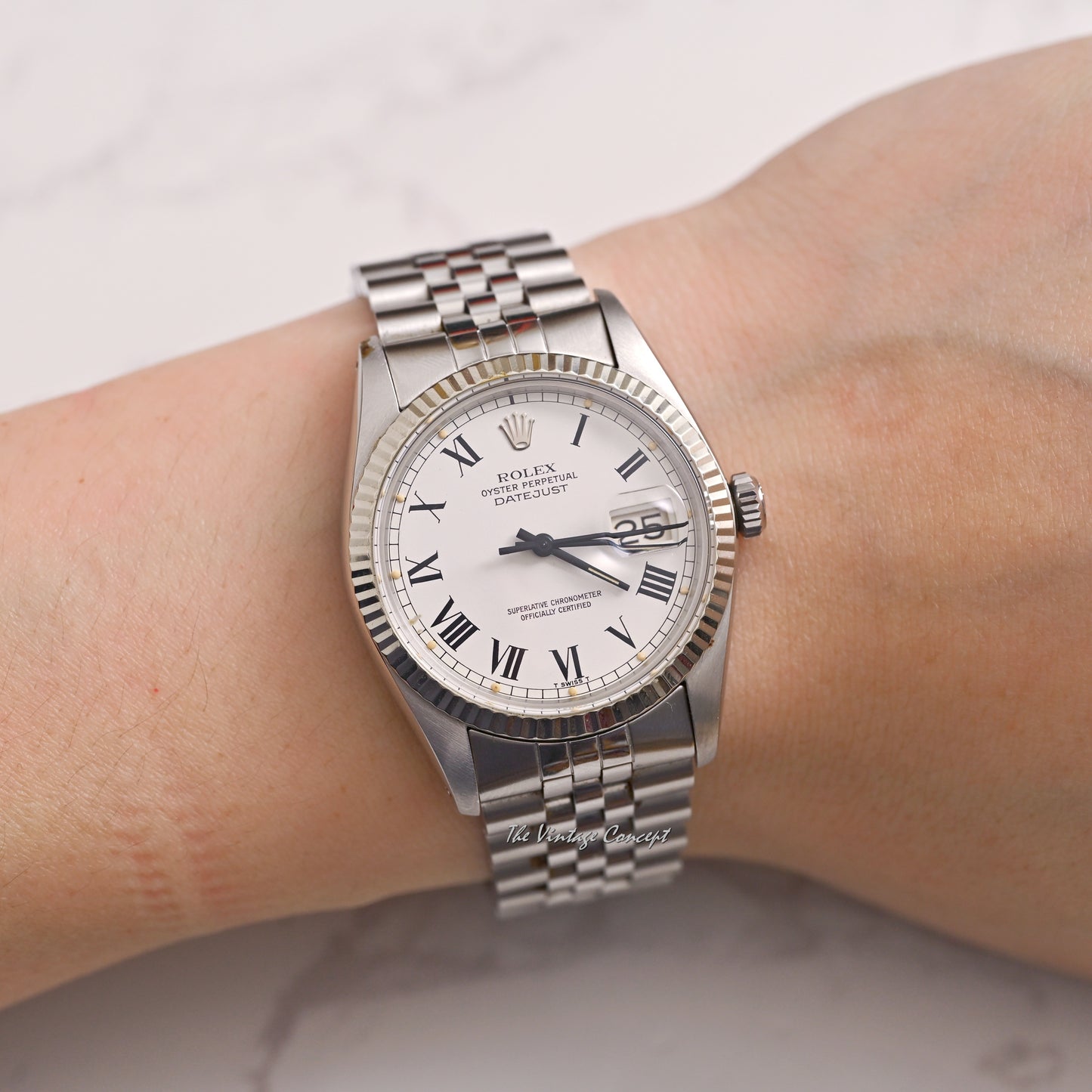 Rolex Steel Datejust White Dial with Black Roman Indexes (Buckley) w/ Box set & Paper Ref. 16014