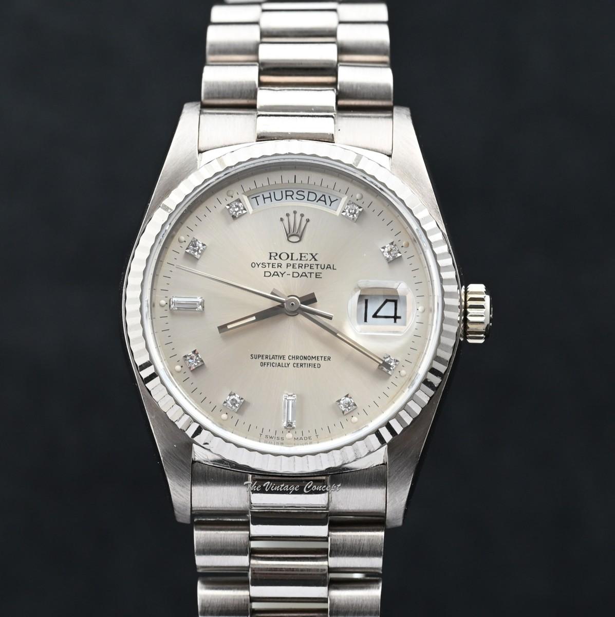 Rolex Day-Date 18K White Gold Silver Dial w/ Diamond Indexes 18039  (SOLD)