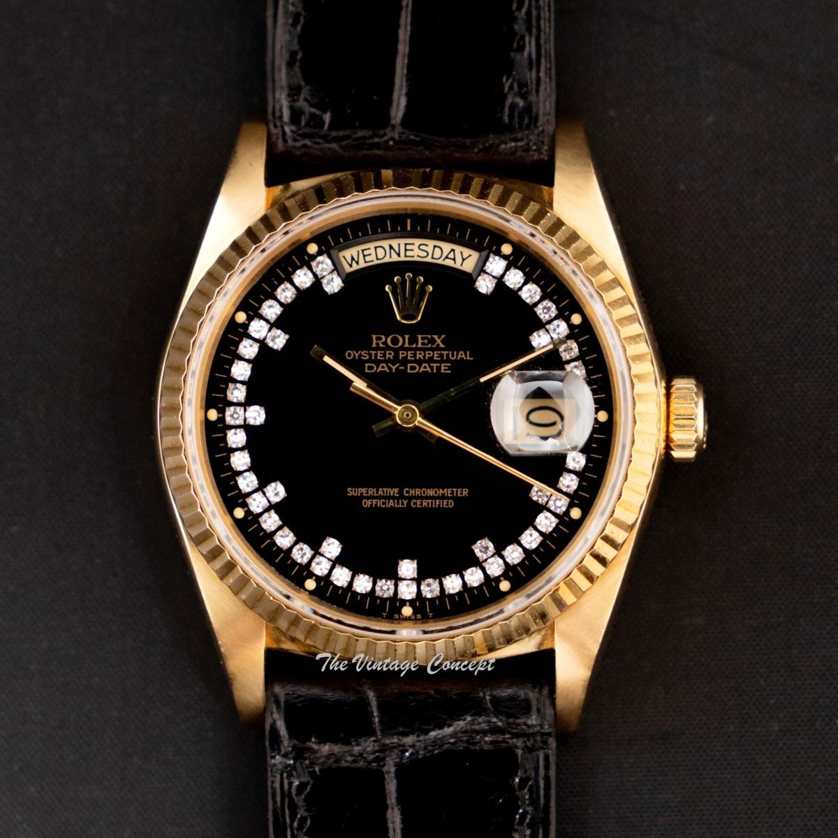 Rolex Day-Date 18K Yellow Gold Black String Dial w/ Diamond 18038 (SOLD)