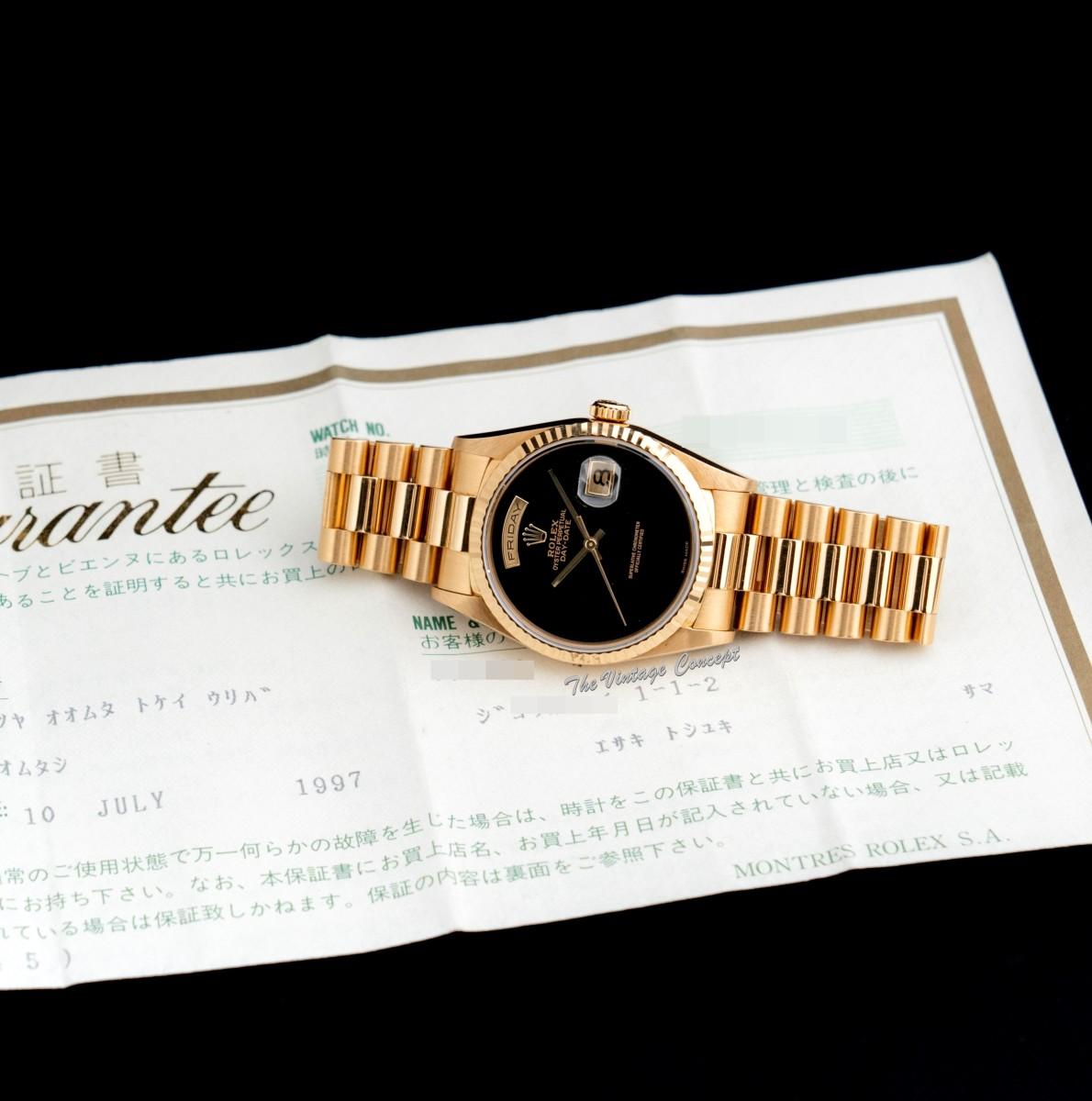 Rolex Day-Date 18K Yellow Gold Onyx Natural Stone Dial 18238 w/ Original Paper  (SOLD)