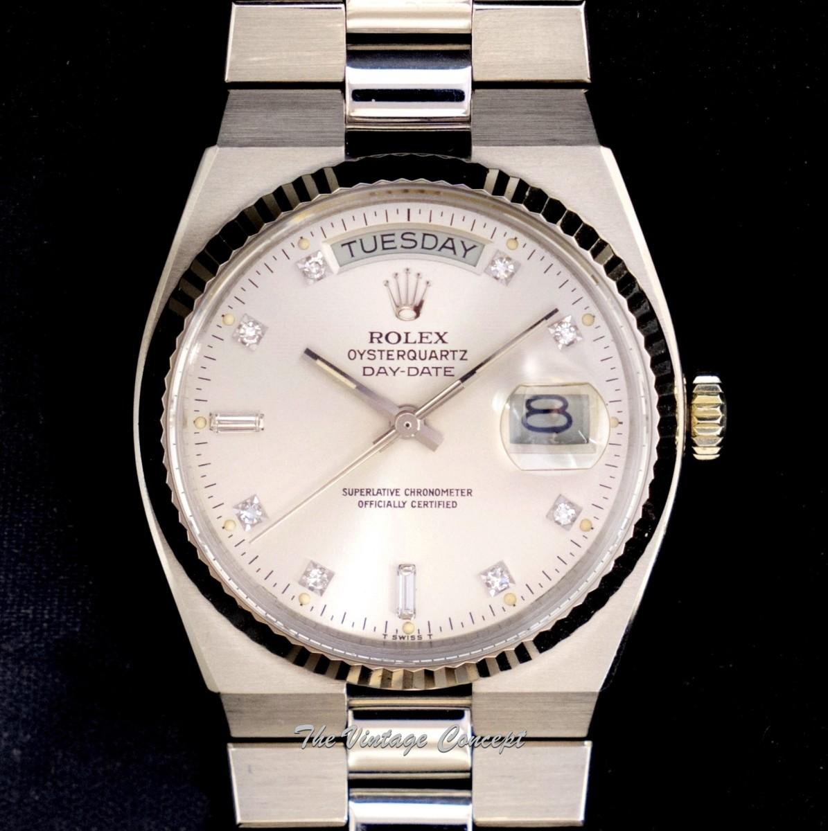 Rolex Day-Date 18K WG White Gold Oysterquartz Silver Dial Diamond Indexes 19019  (SOLD)