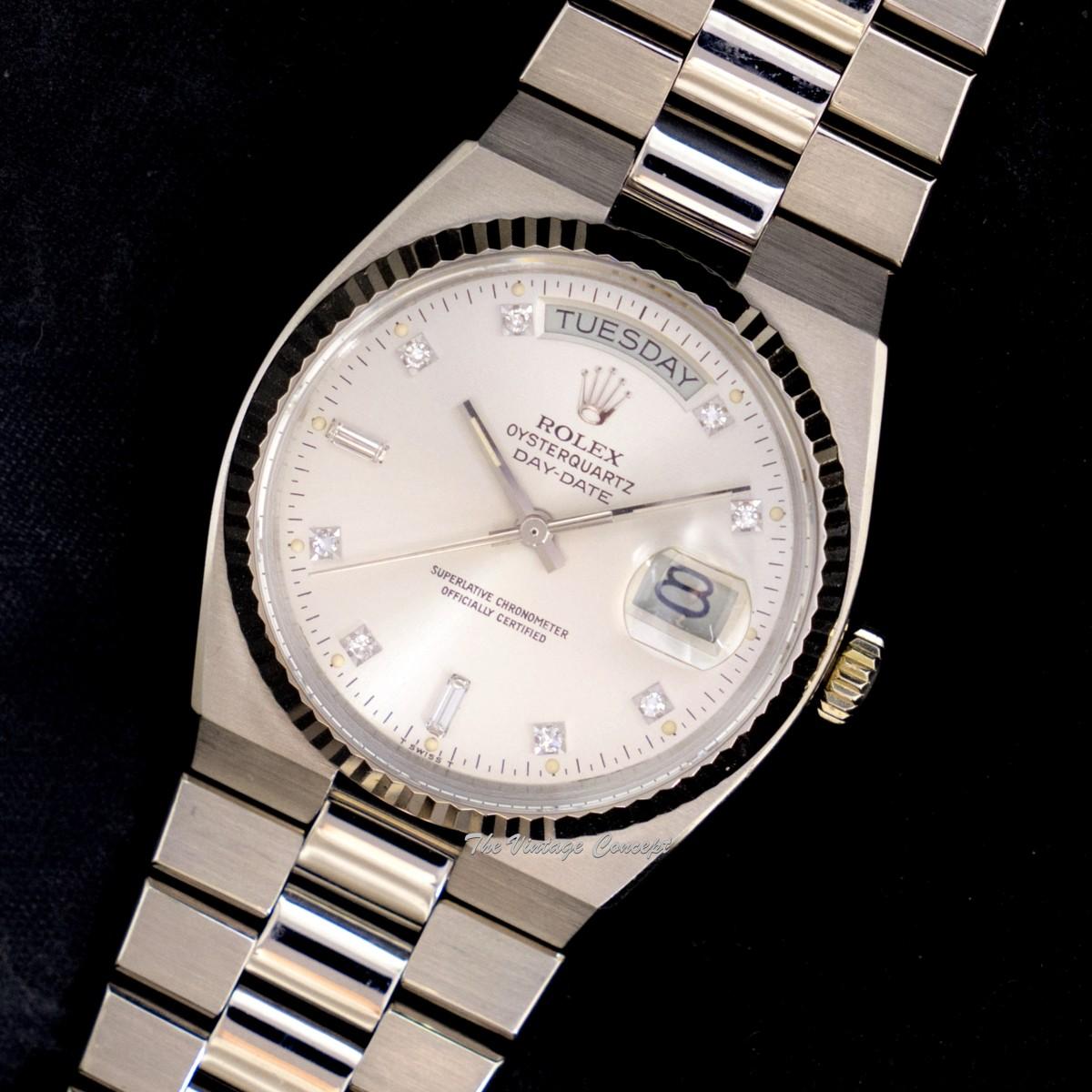 Rolex Day-Date 18K WG White Gold Oysterquartz Silver Dial Diamond Indexes 19019  (SOLD)