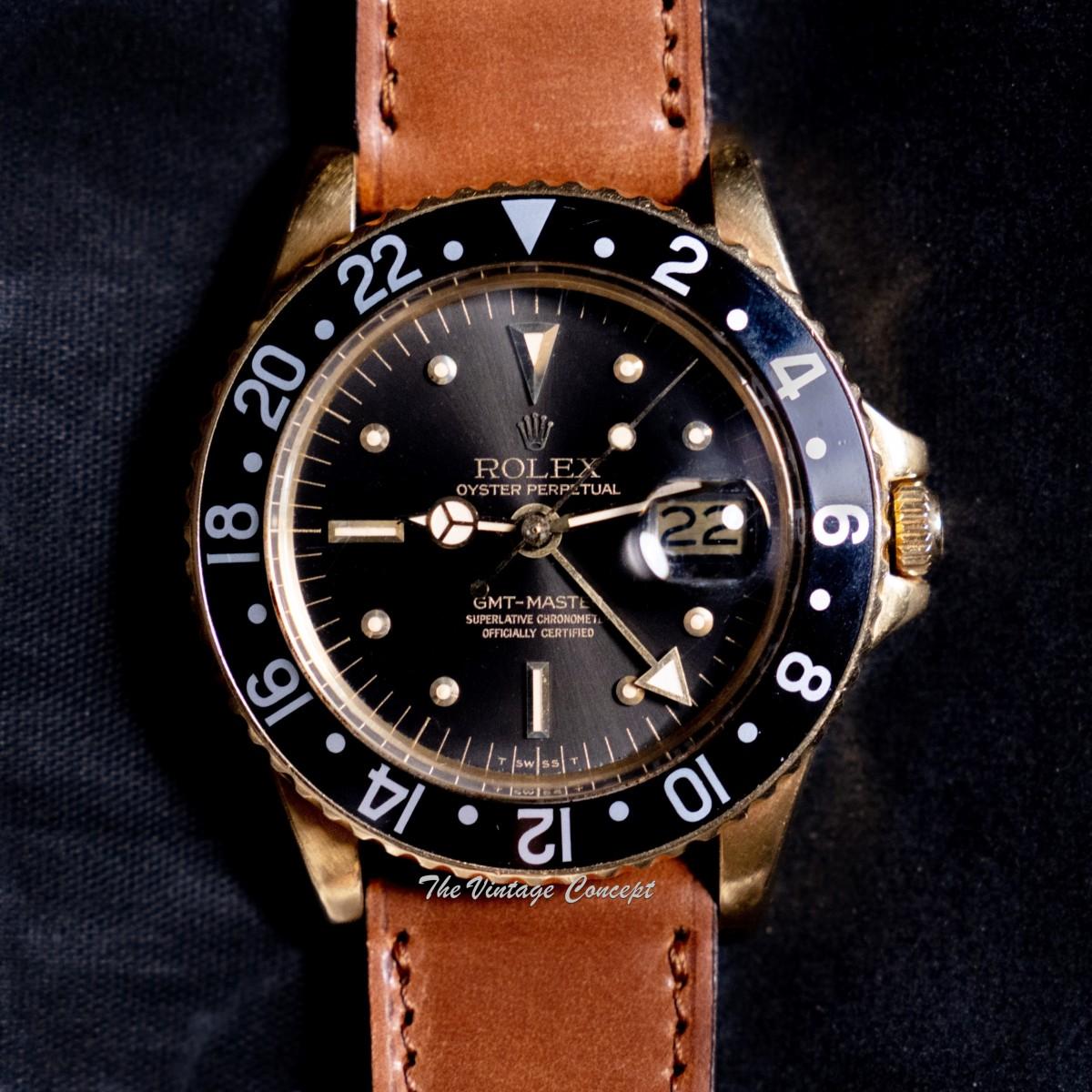 Rolex GMT-Master 18K Yellow Gold Black Grey Nipple Dial 1675 (SOLD)