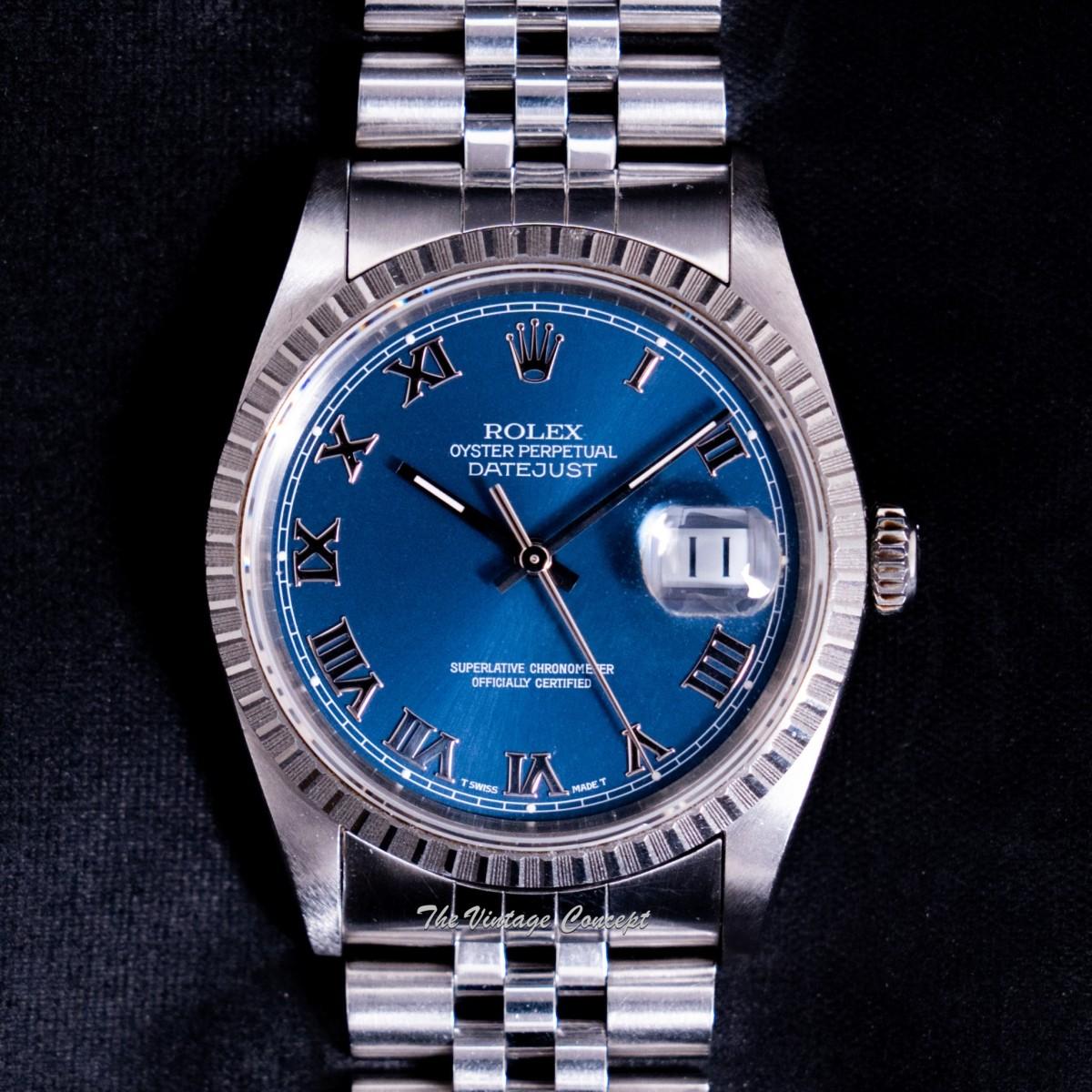 Rolex Steel Oyster Perpetual Datejust Blue Roman Indexes Dial 16220 w/ Original Paper (SOLD)