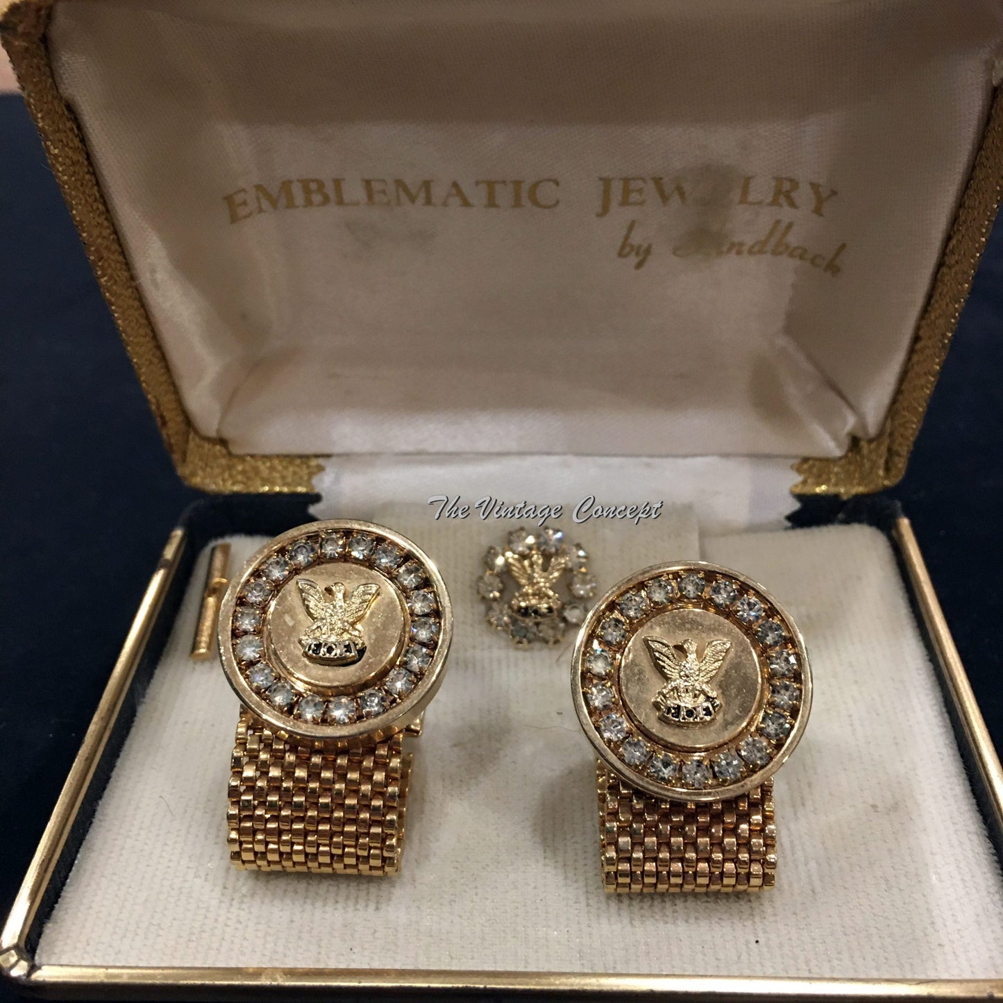 Rhinestone eagle Cufflinks Tie Tack FOE set w/ Box 60's