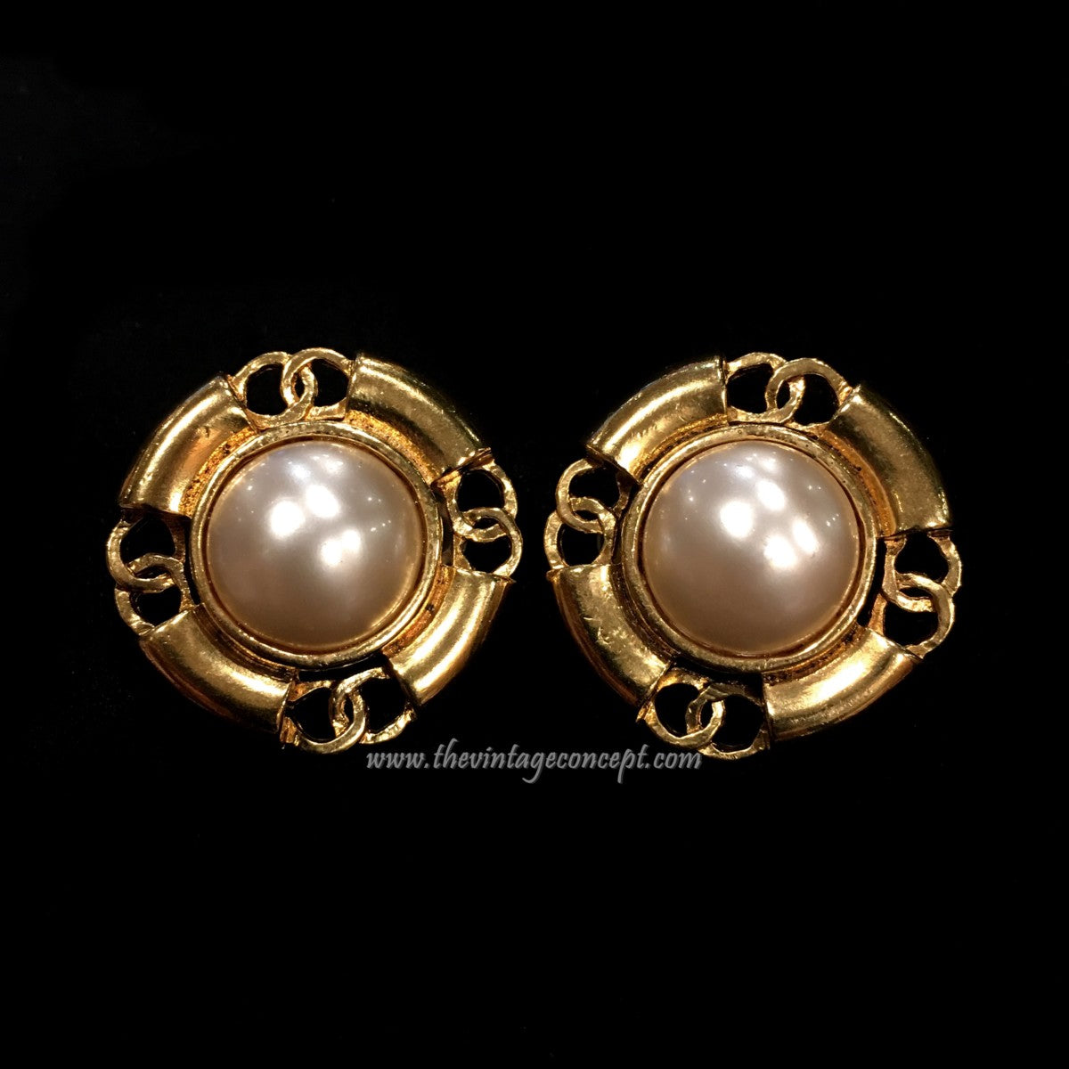 Chanel Gold Tone Faux Pearl with 4 Logo Clip Earring (SOLD)