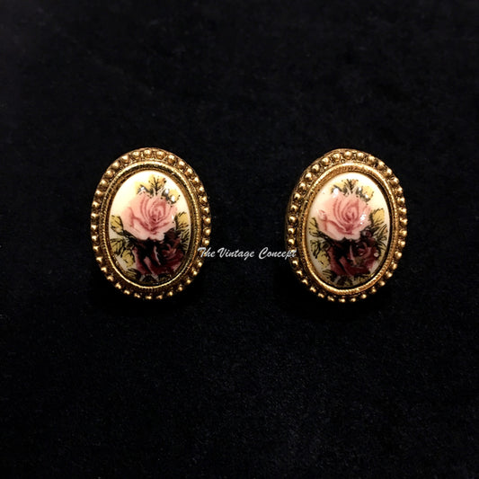 Gold Tone Victorian Rose Piece Earrings from 70's  (SOLD)