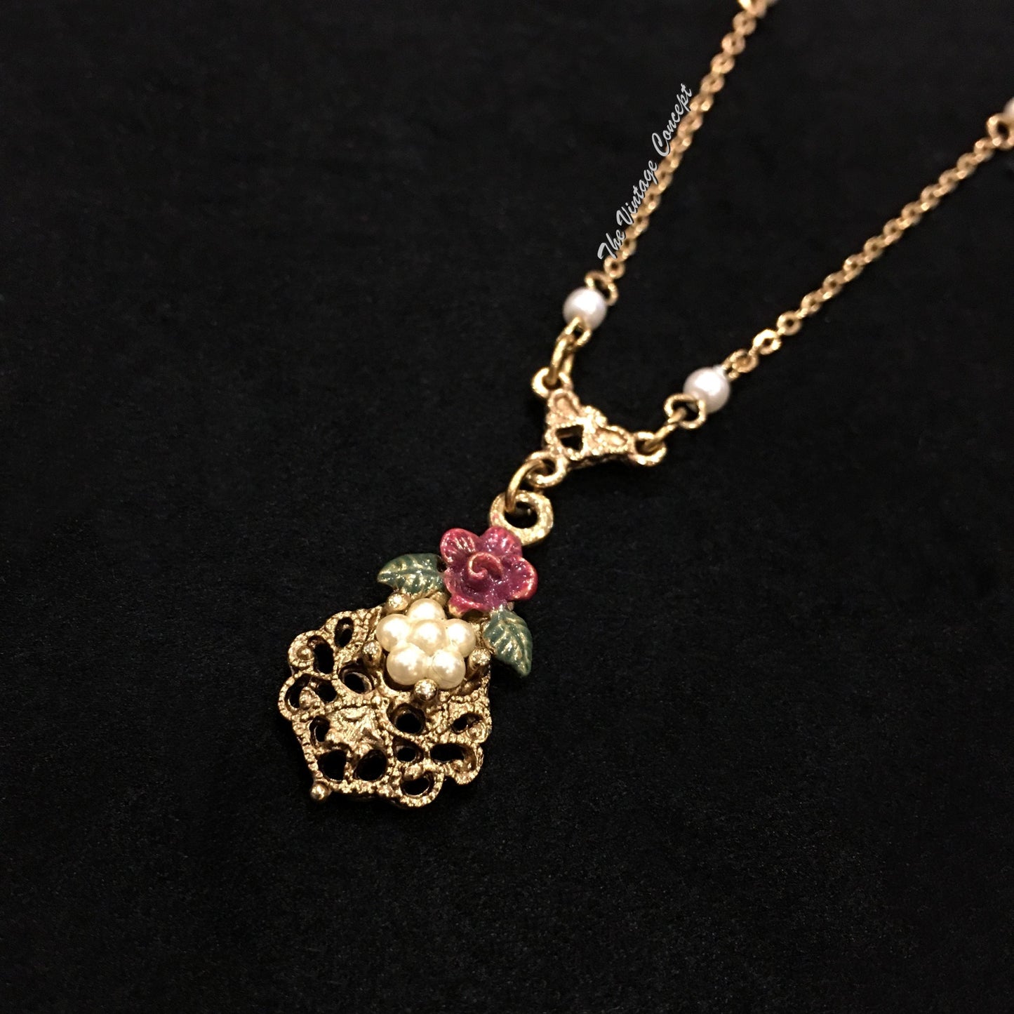 Gold Tone Victorian Rose Faux Pearl Small Pendant Necklace 1928  (SOLD)