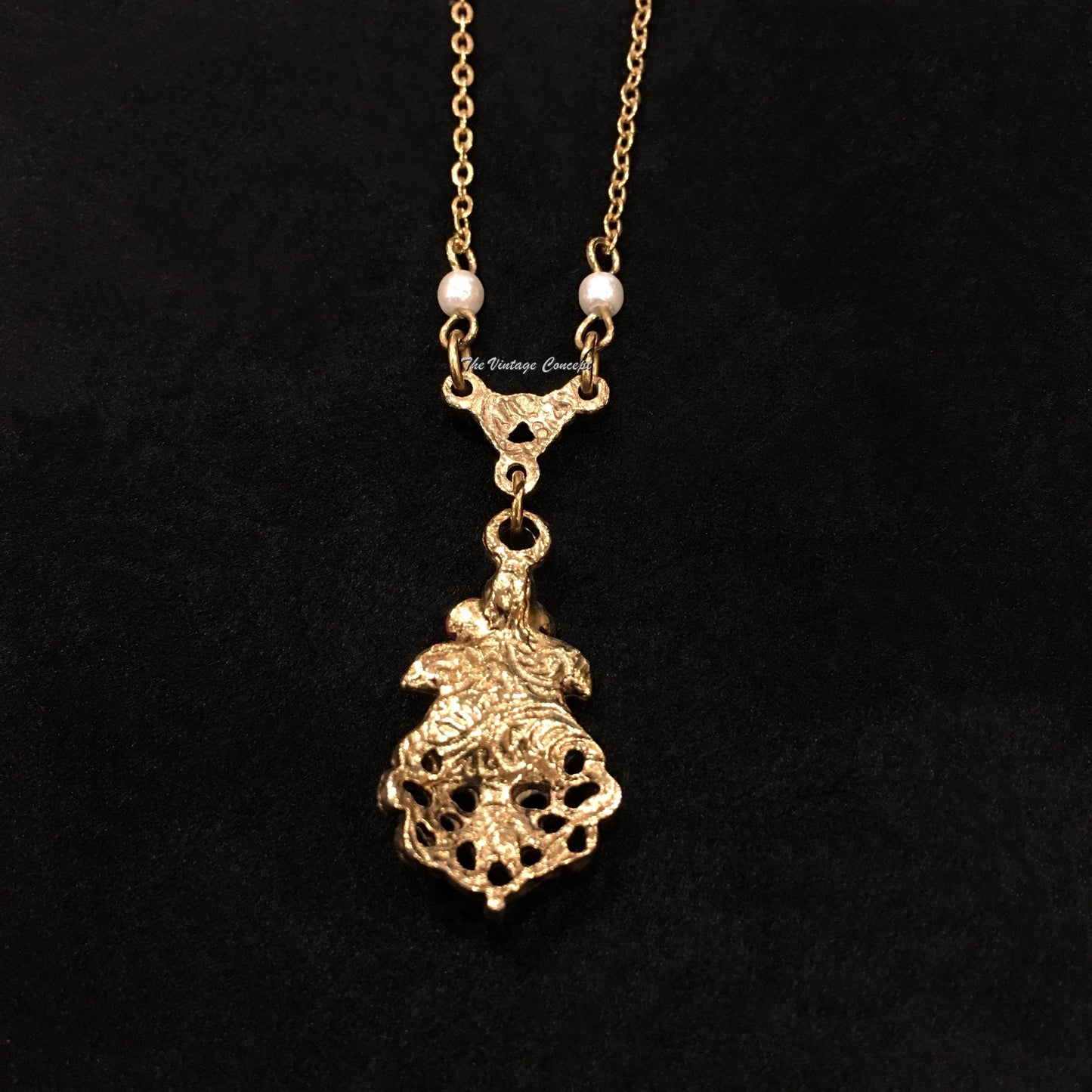 Gold Tone Victorian Rose Faux Pearl Small Pendant Necklace 1928  (SOLD)