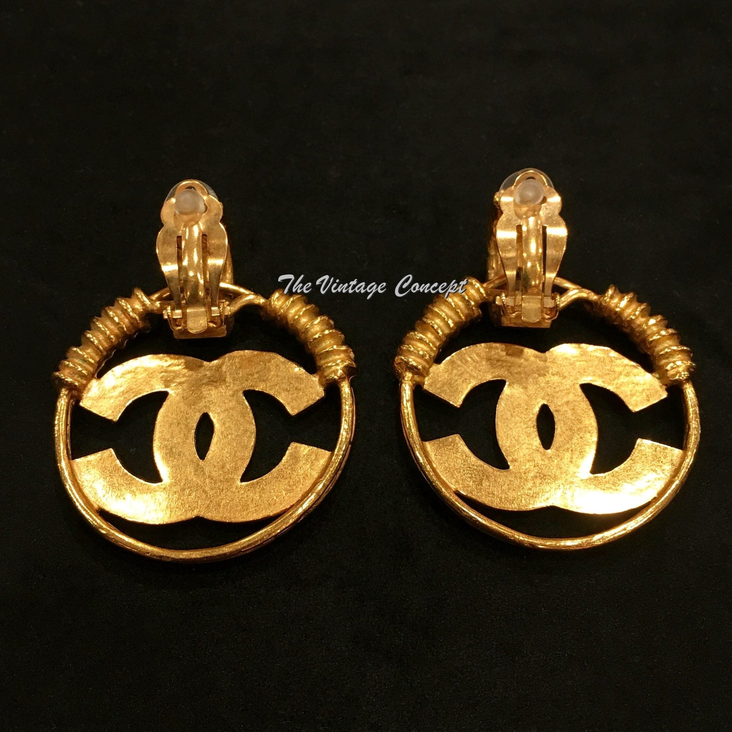 Chanel Gold Tone Large Hoop Big CC Logo Clip Earrings 94P